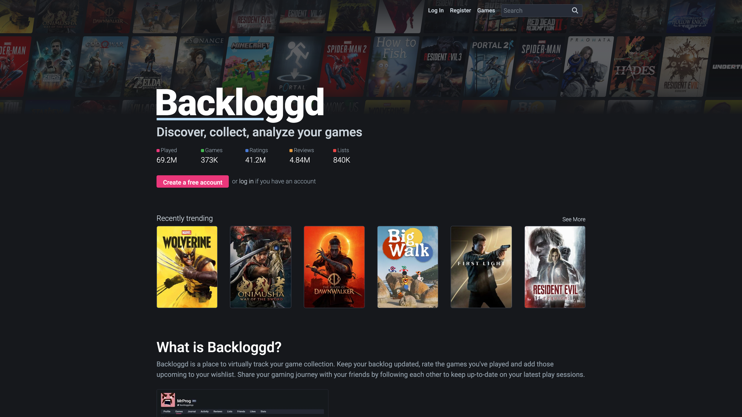 The Backloggd homepage: the tagline “Discover, collect, analyze your games” above live site-wide counters and a wall of recently trending game covers