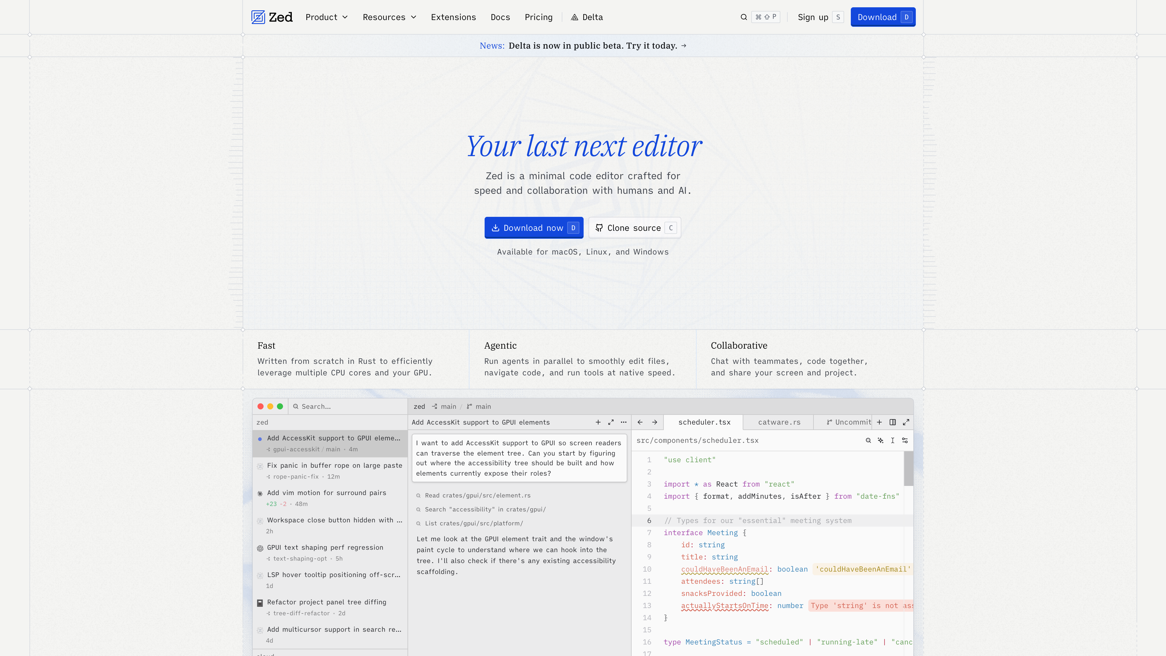 The Zed homepage: the “Your last next editor” tagline, the Fast / Agentic / Collaborative pillars, and an editor UI mock
