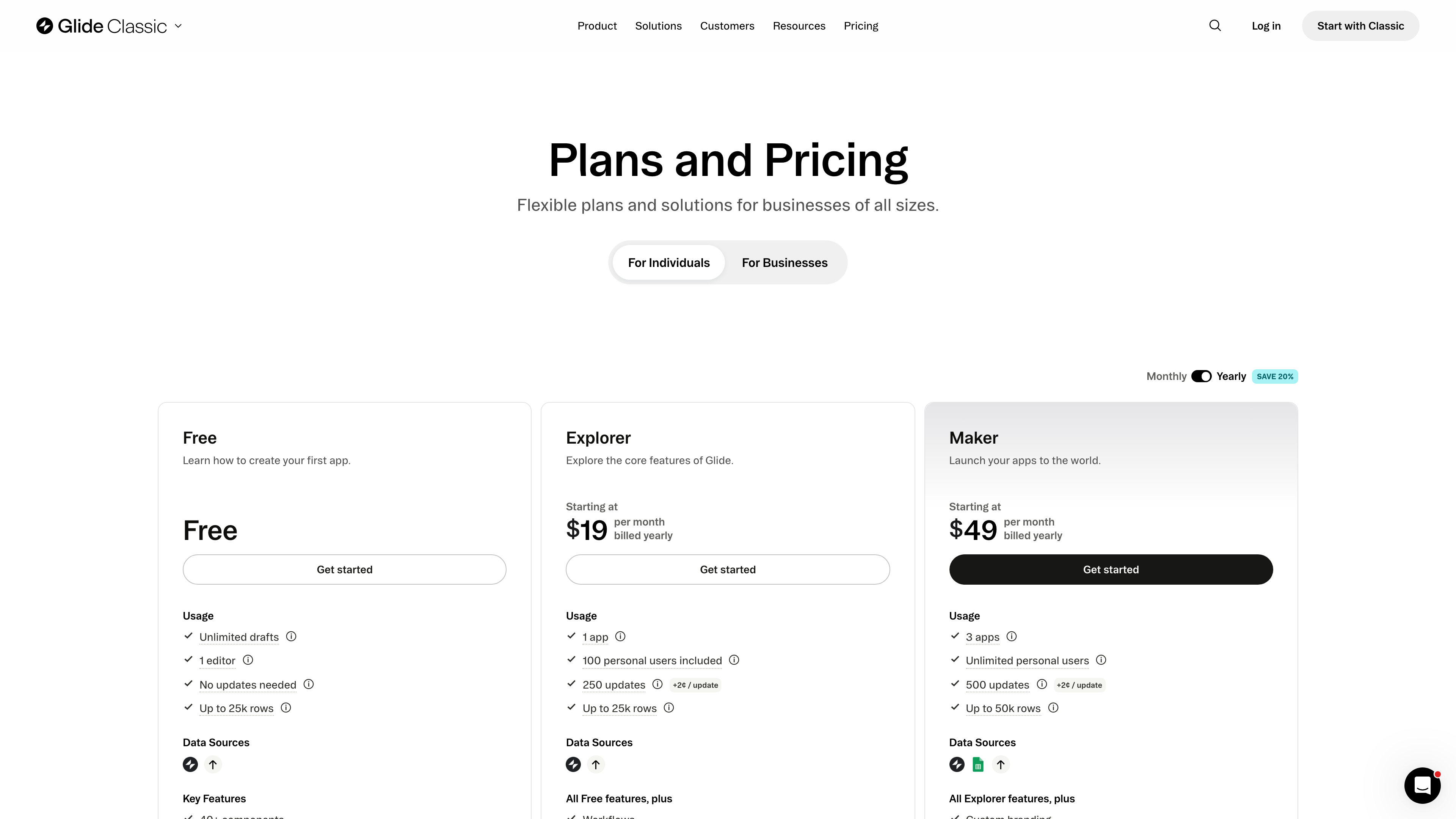 Glide Classic individual pricing: Free / Explorer / Maker