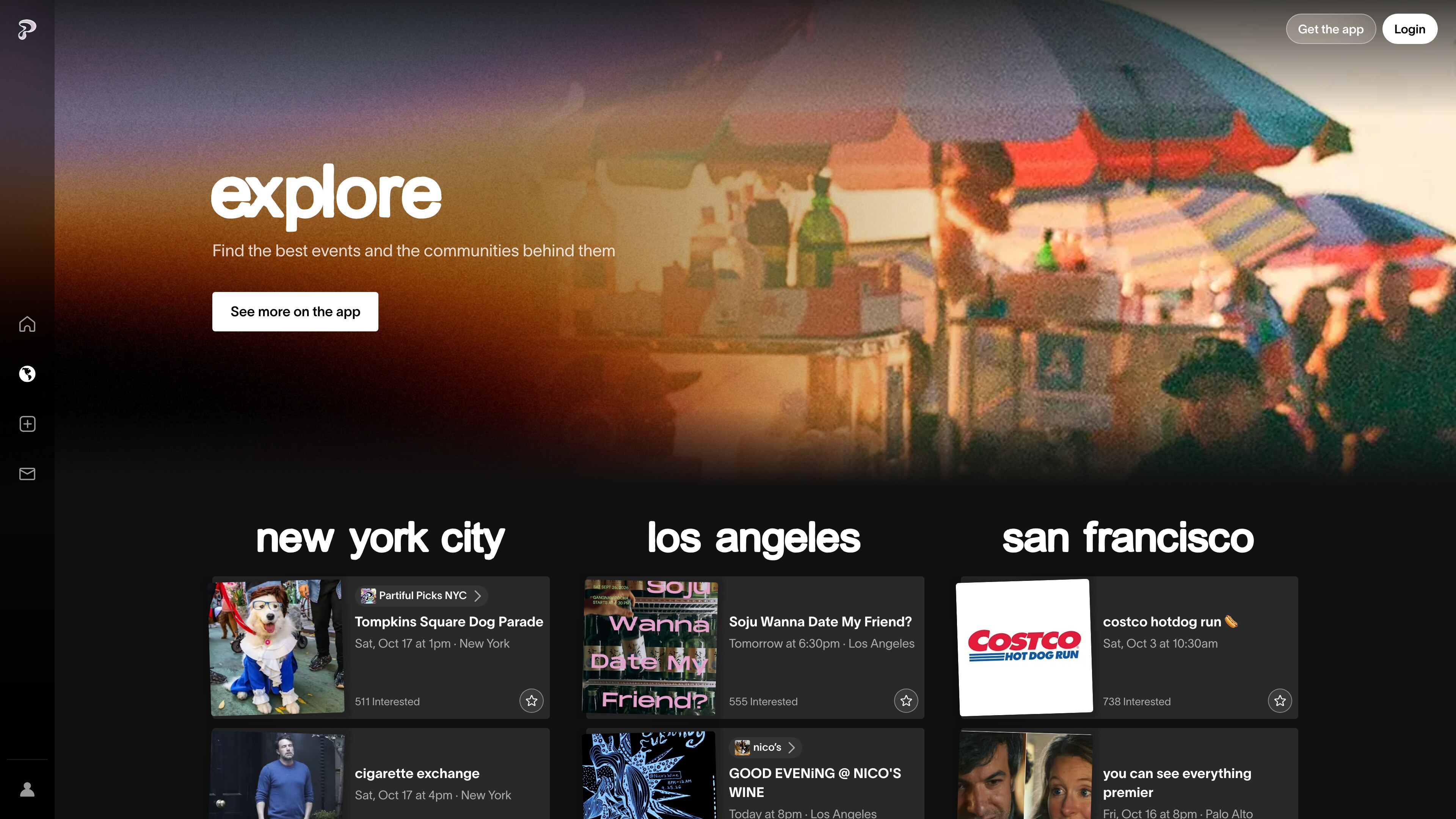 The Partiful Explore page: public events grouped by city — New York, Los Angeles, San Francisco
