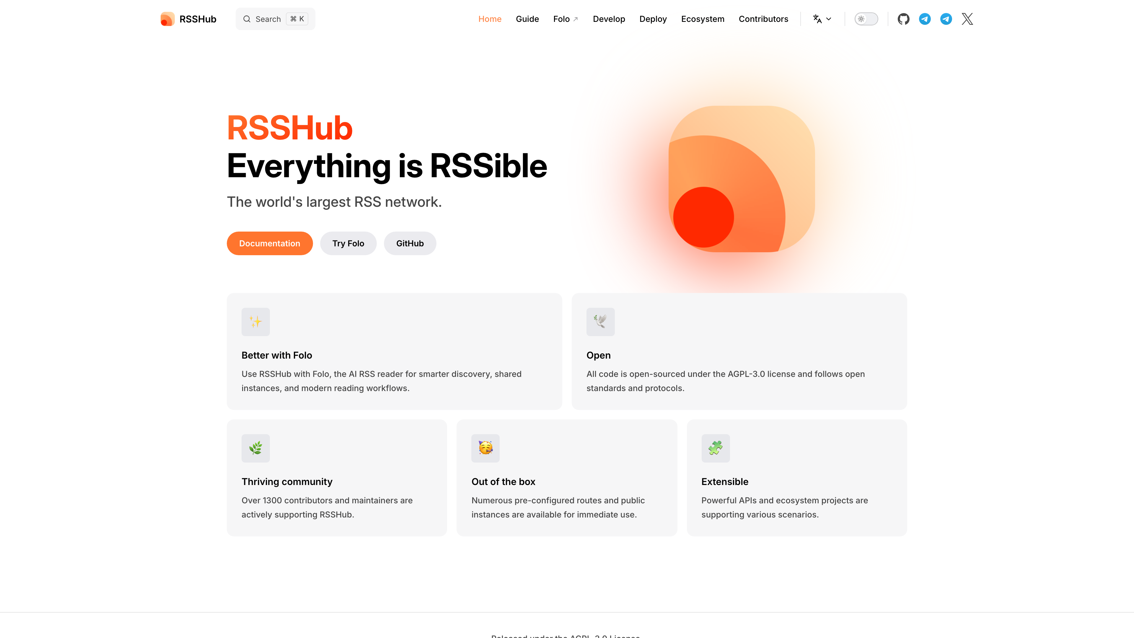 The RSSHub documentation site homepage: "Everything is RSSible," with feature cards for openness, community, and out-of-the-box use