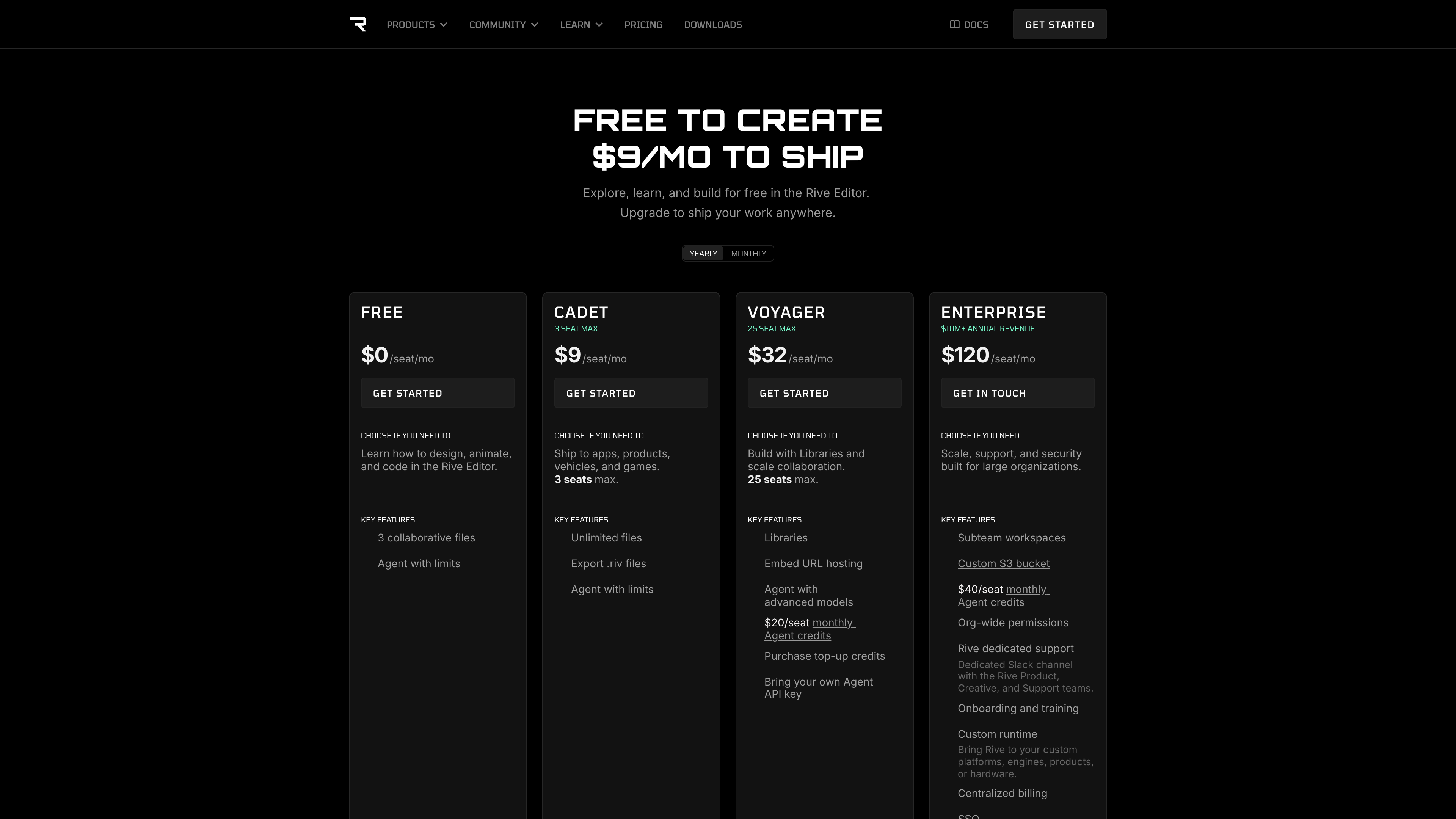 The Rive pricing page: Free $0, Cadet $9, Voyager $32, Enterprise $120 per seat per month, billed annually