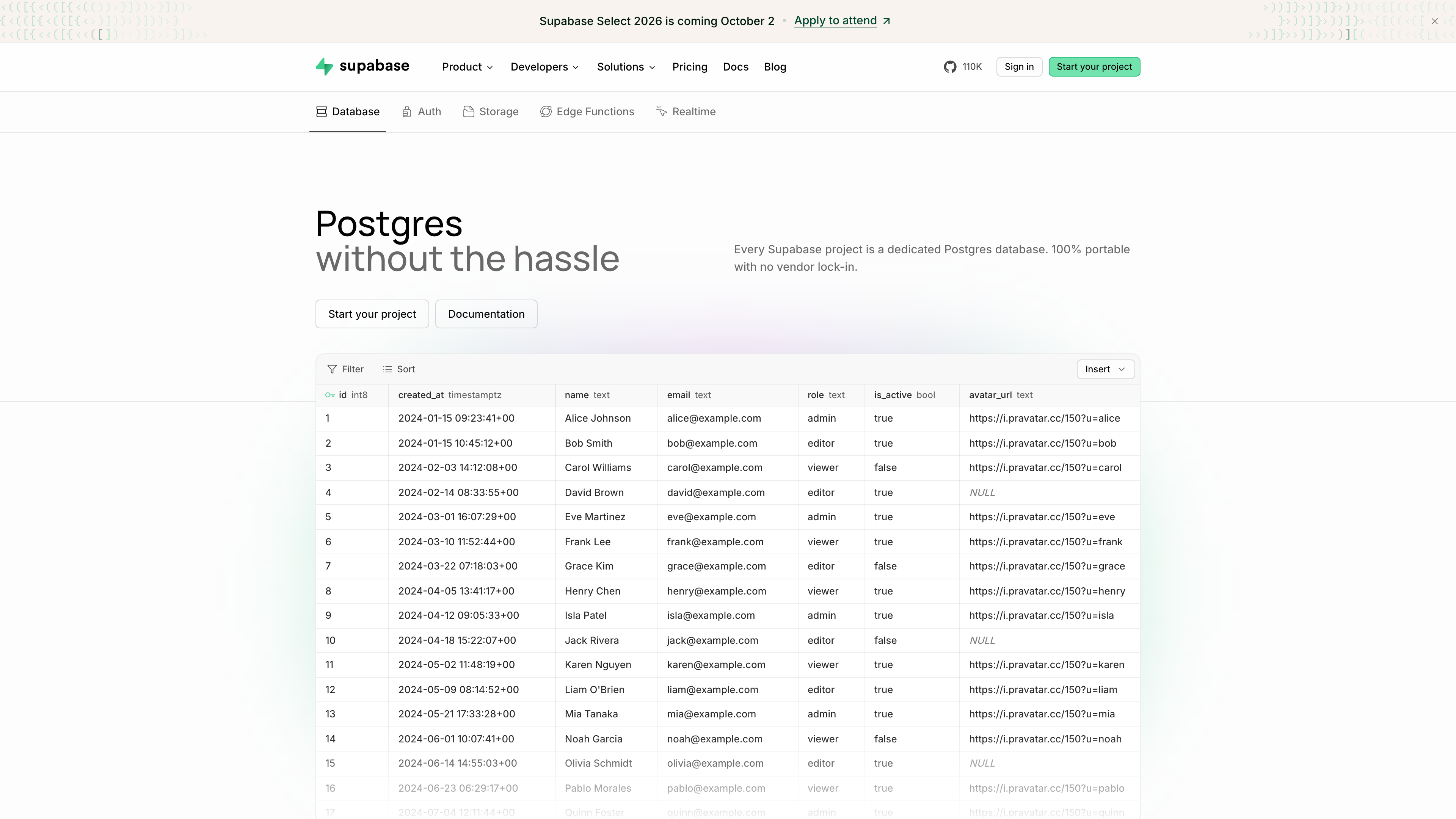 Supabase's database product page: the tagline "Postgres without the hassle" above the Studio table editor with sample rows