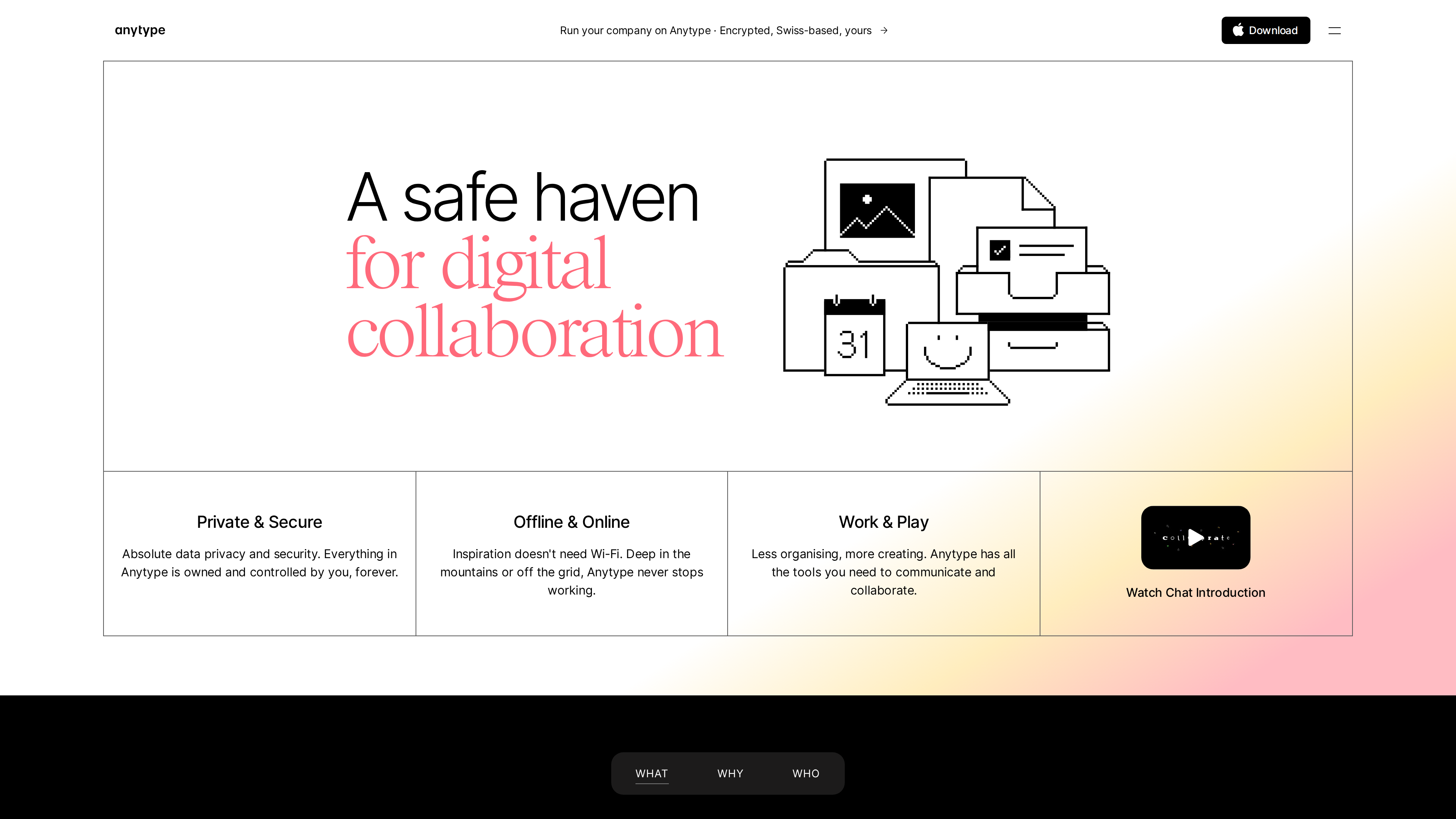 Screenshot of the Anytype homepage: hero tagline "A safe haven for digital collaboration" above three feature panels — Private & Secure, Offline & Online, and Work & Play