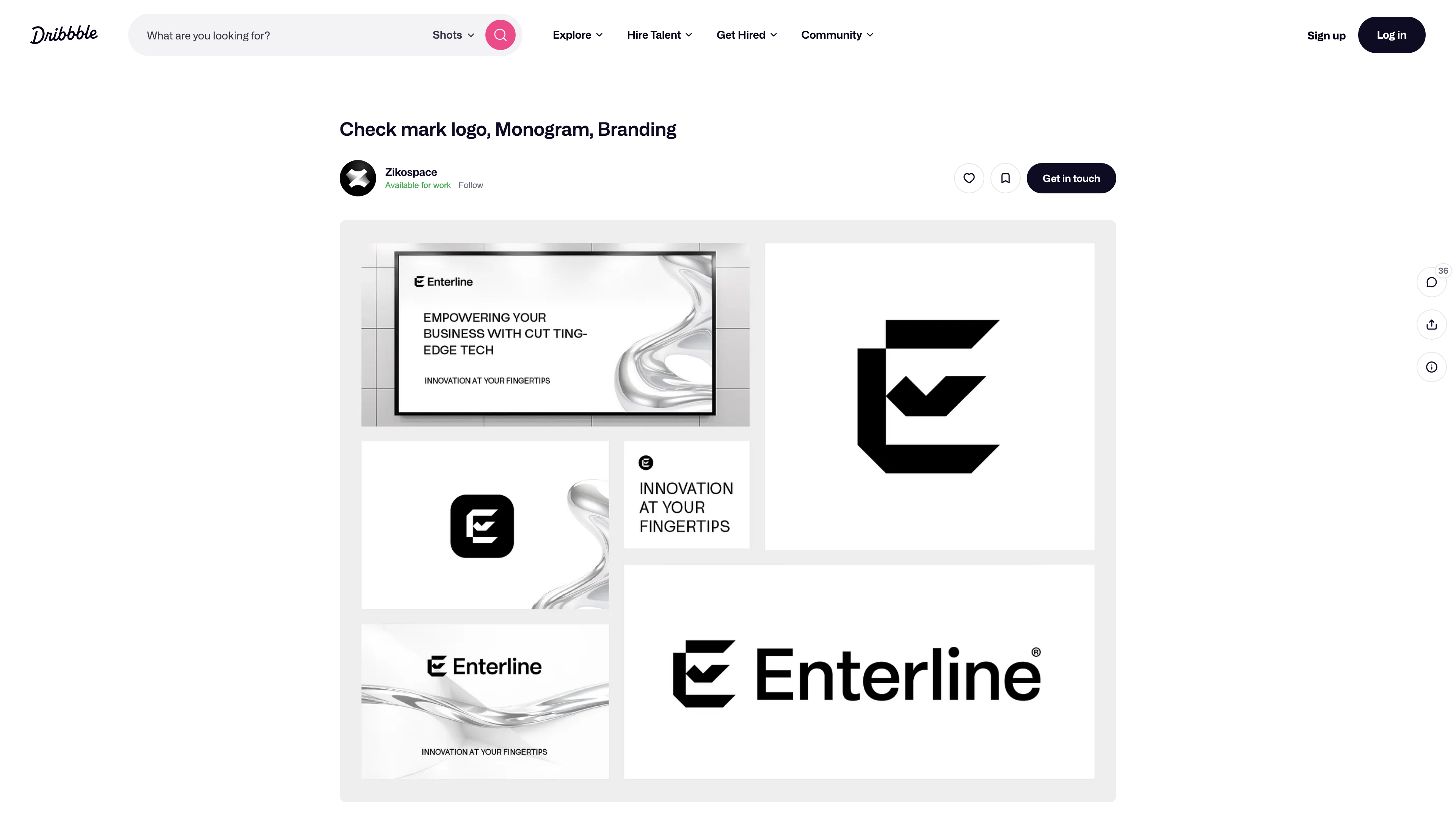 A Dribbble shot page: multi-image work, author details and a contact button