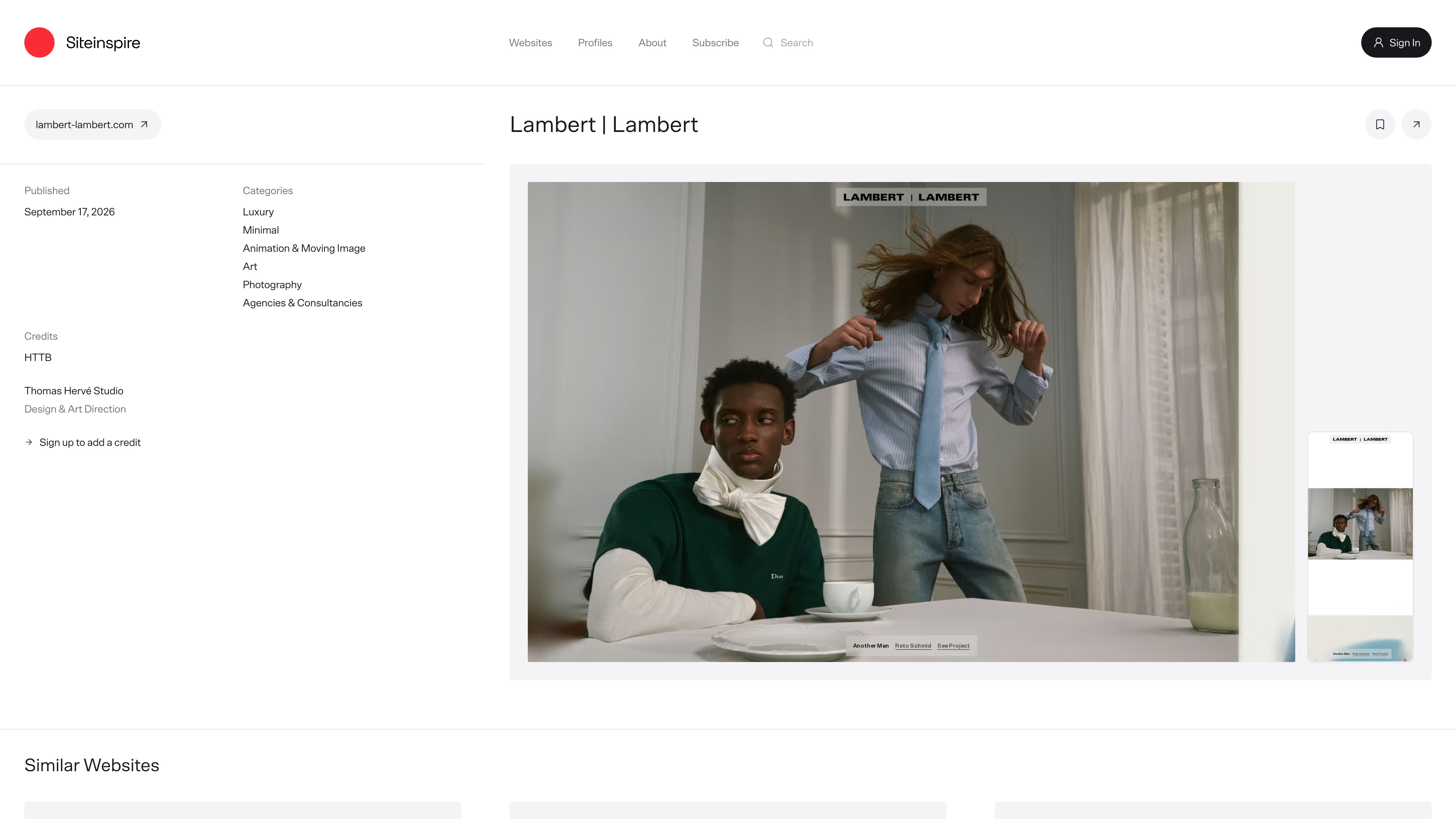 An entry page: publication date, categories, and credits on the left, website screenshots on the right