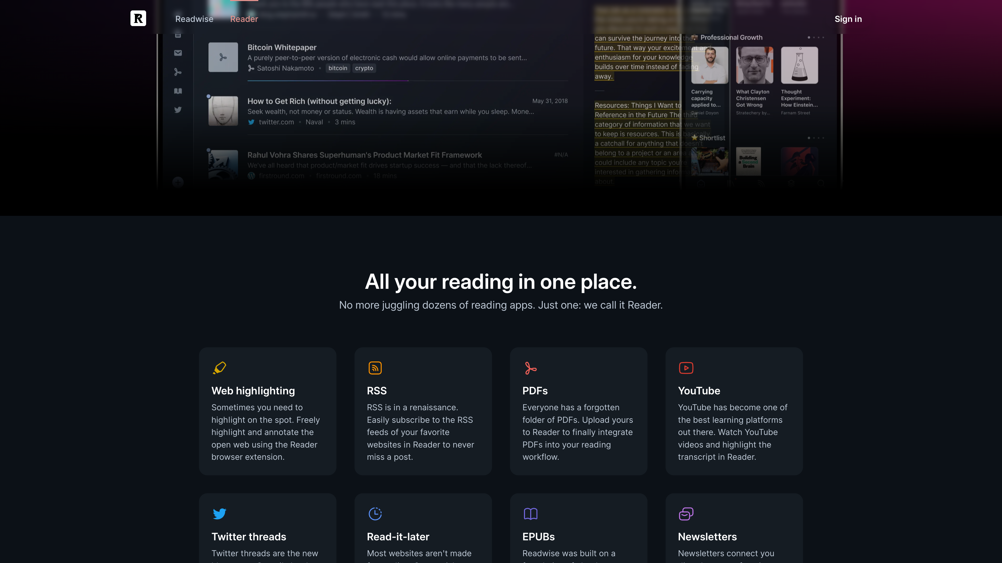 The homepage feature section: “All your reading in one place,” with eight cards for Web highlighting, RSS, PDFs, YouTube, Twitter threads, Read-it-later, EPUBs and Newsletters