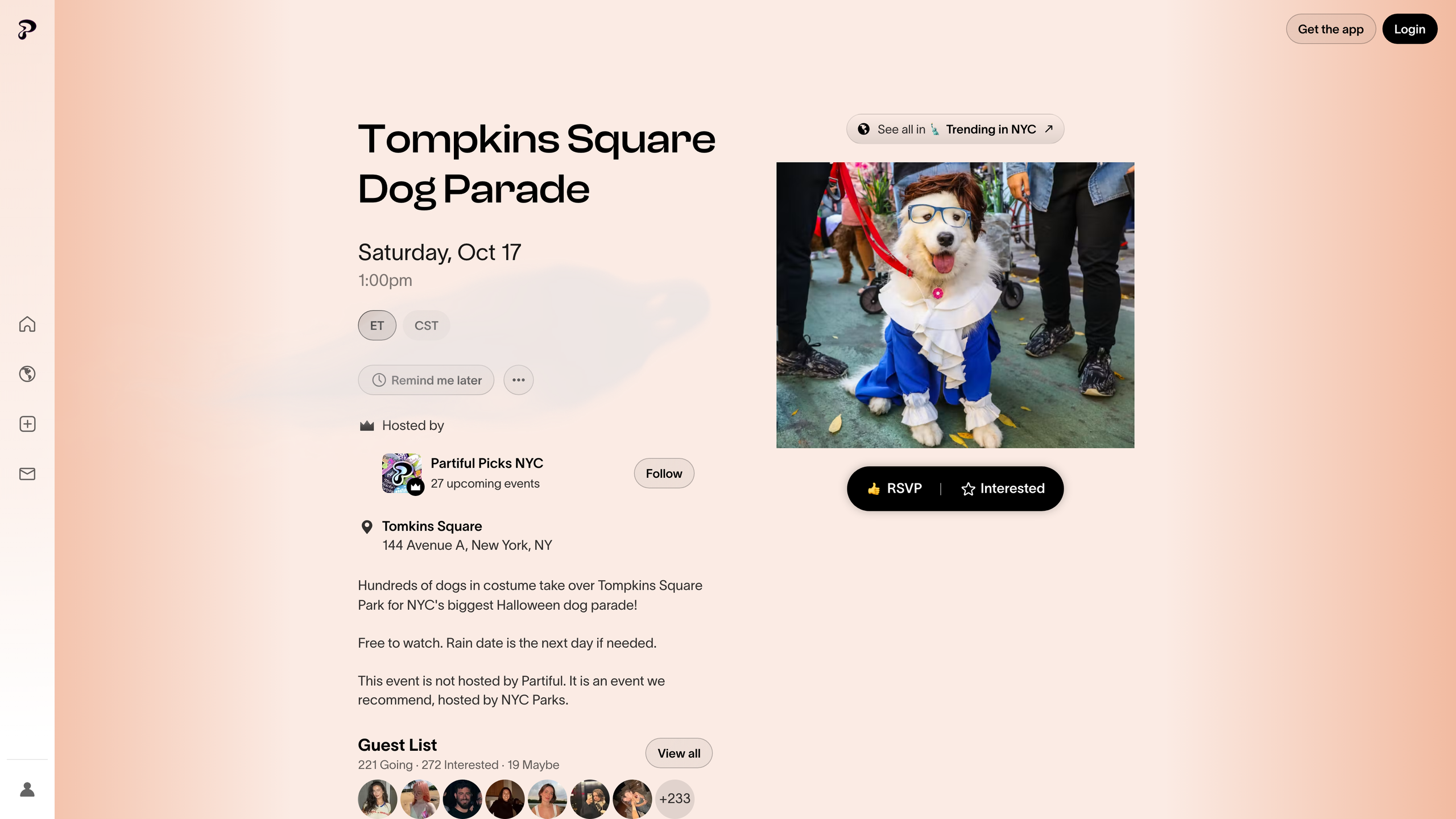 A public Partiful event page for the Tompkins Square Dog Parade, showing date, location, description, RSVP and Interested buttons, and guest-list counts