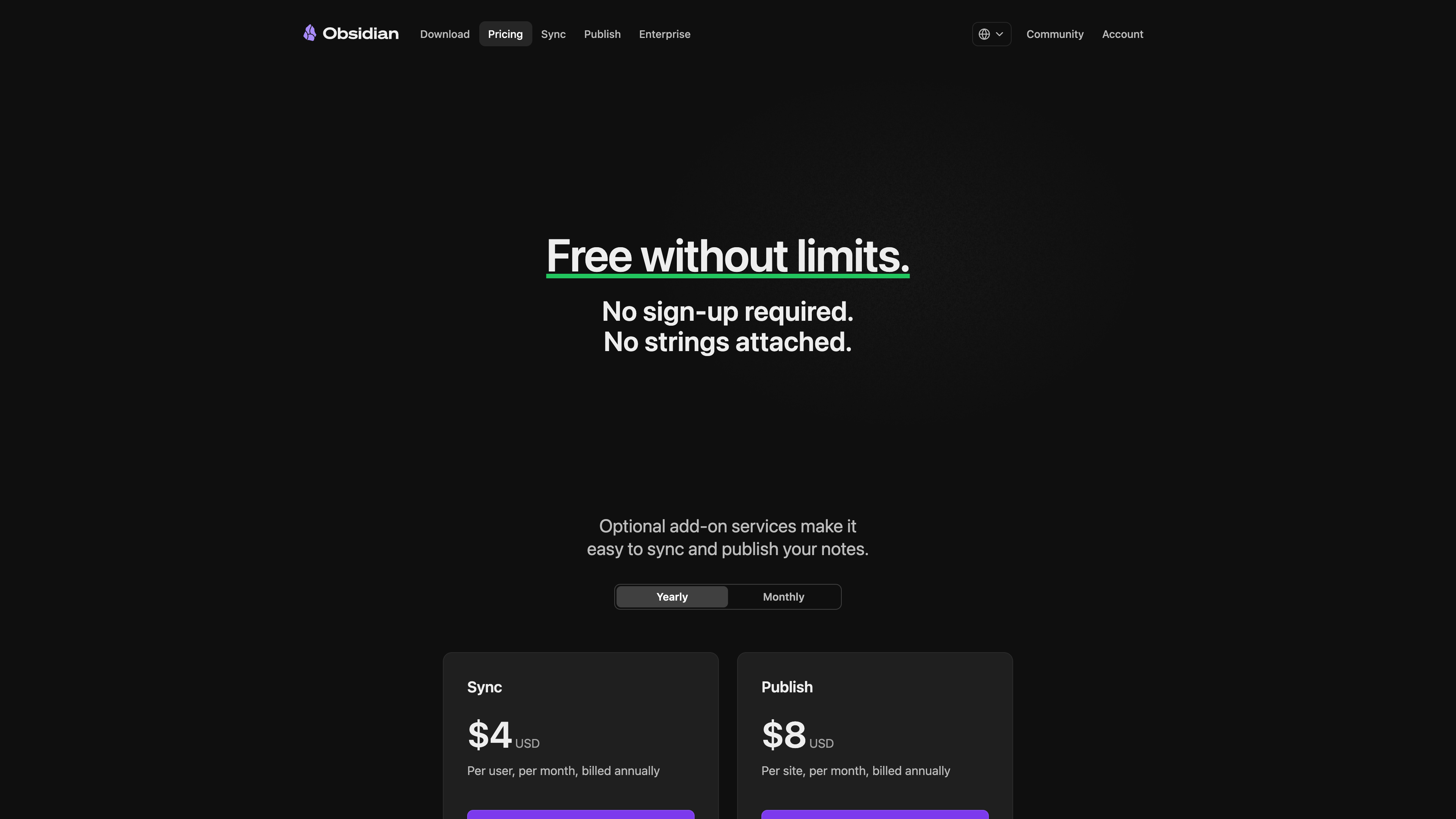 The Obsidian pricing page: the headline reads "Free without limits. No sign-up required. No strings attached," with annual Sync and Publish pricing below