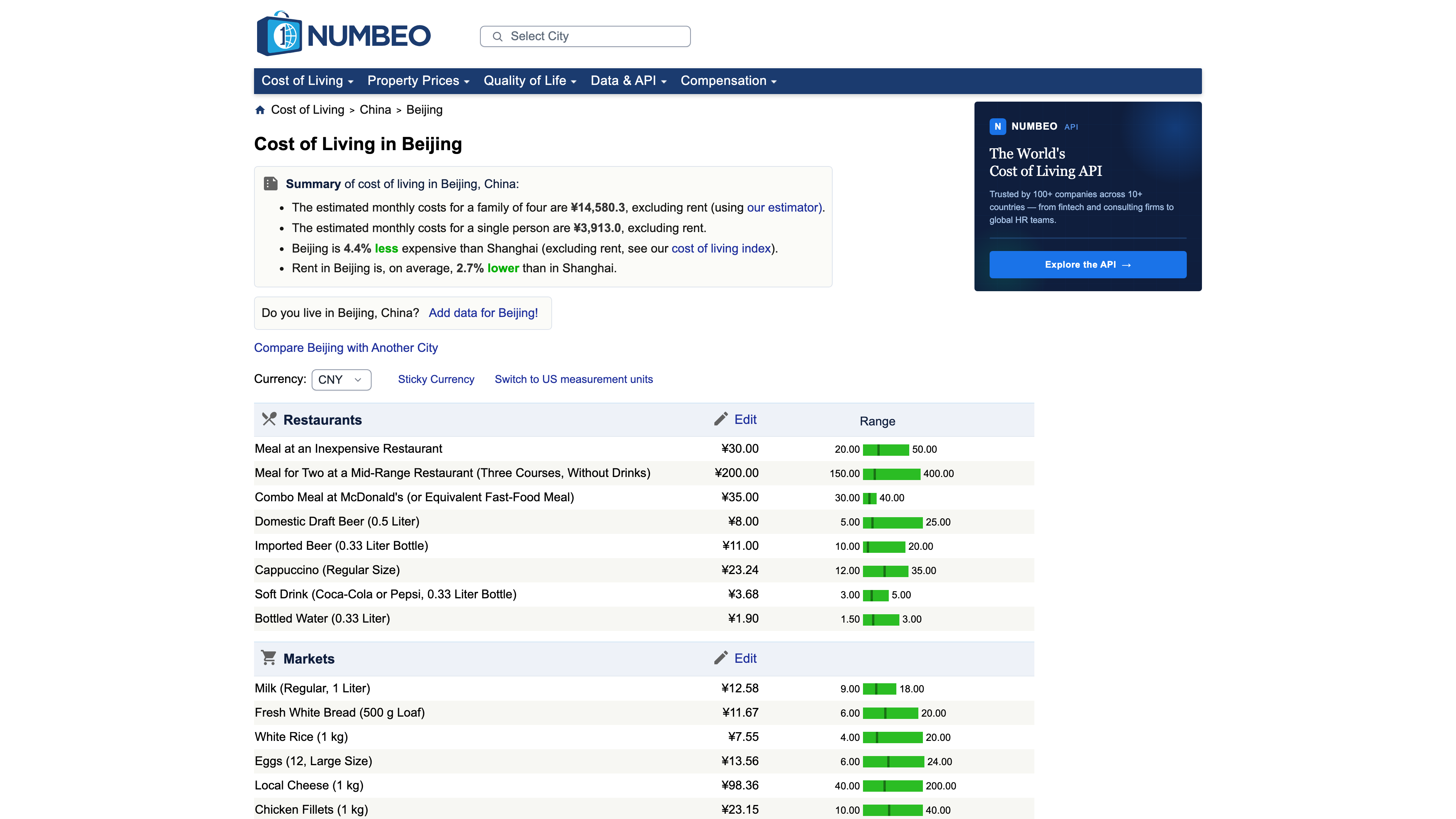Numbeo's Beijing city page: summary estimates and the restaurant and grocery price tables