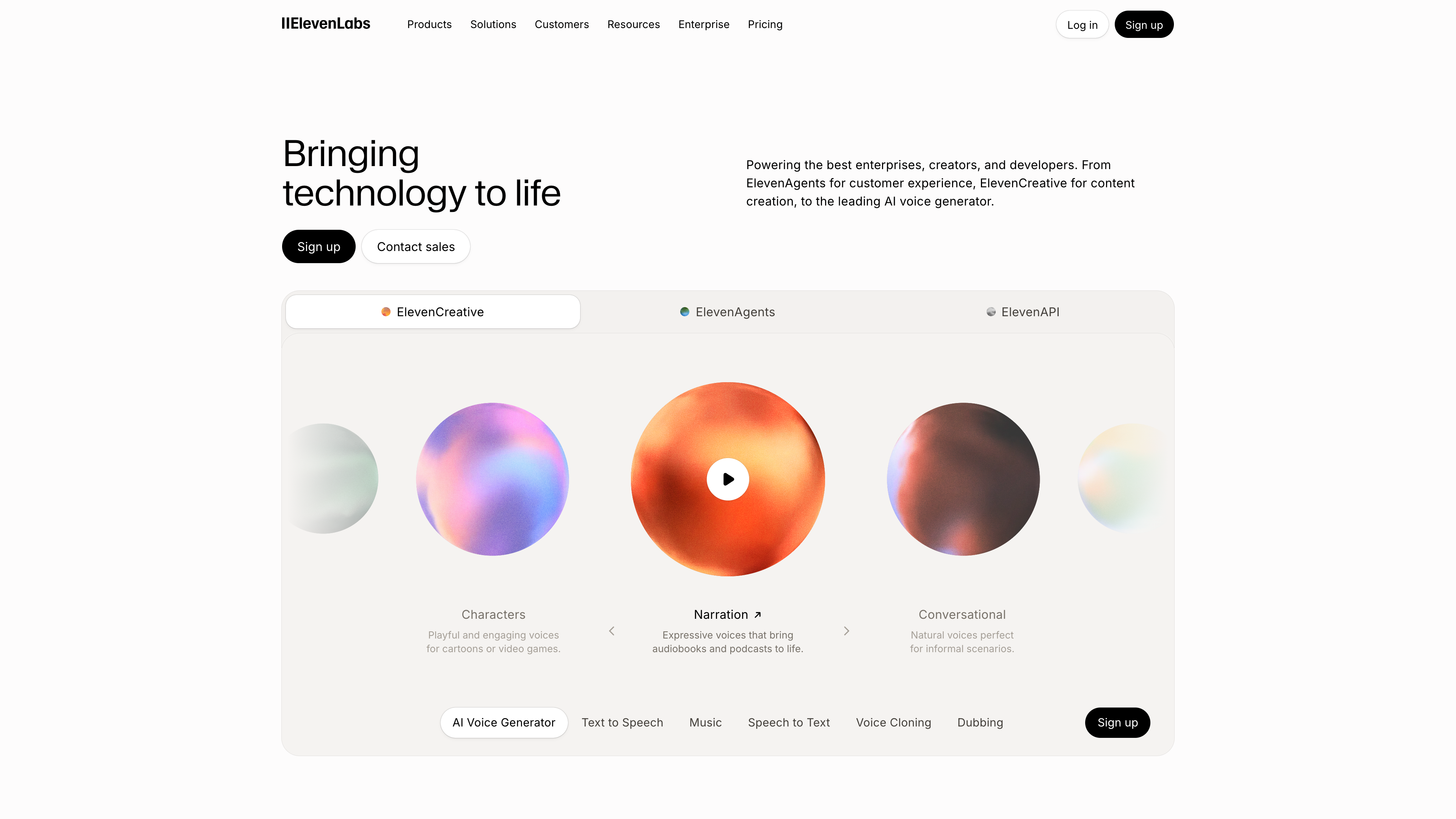 The ElevenLabs homepage: the hero reads “Bringing technology to life,” with entries to the ElevenCreative, ElevenAgents, and ElevenAPI platforms and voice categories below