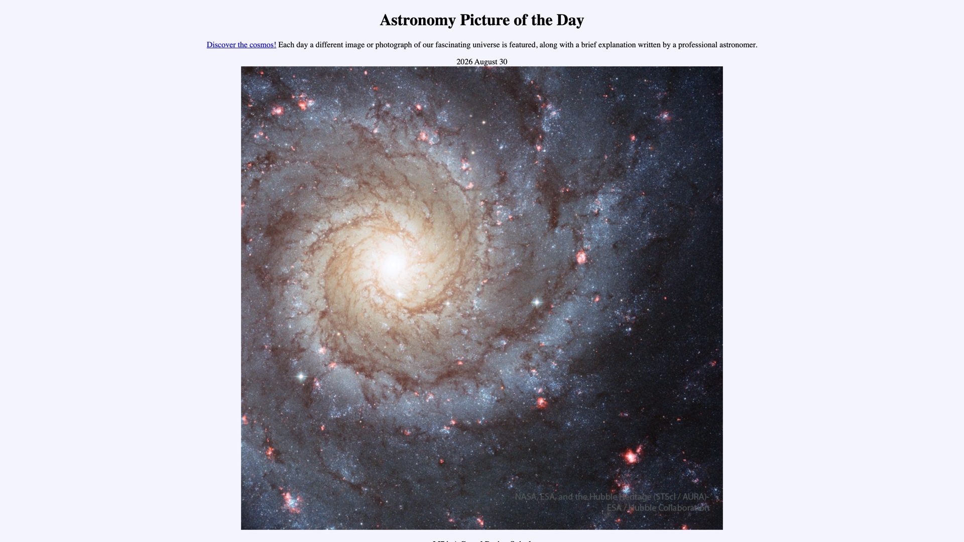 APOD daily page for August 30, 2026: the spiral galaxy M74, credited to NASA, ESA, and the Hubble Heritage Team