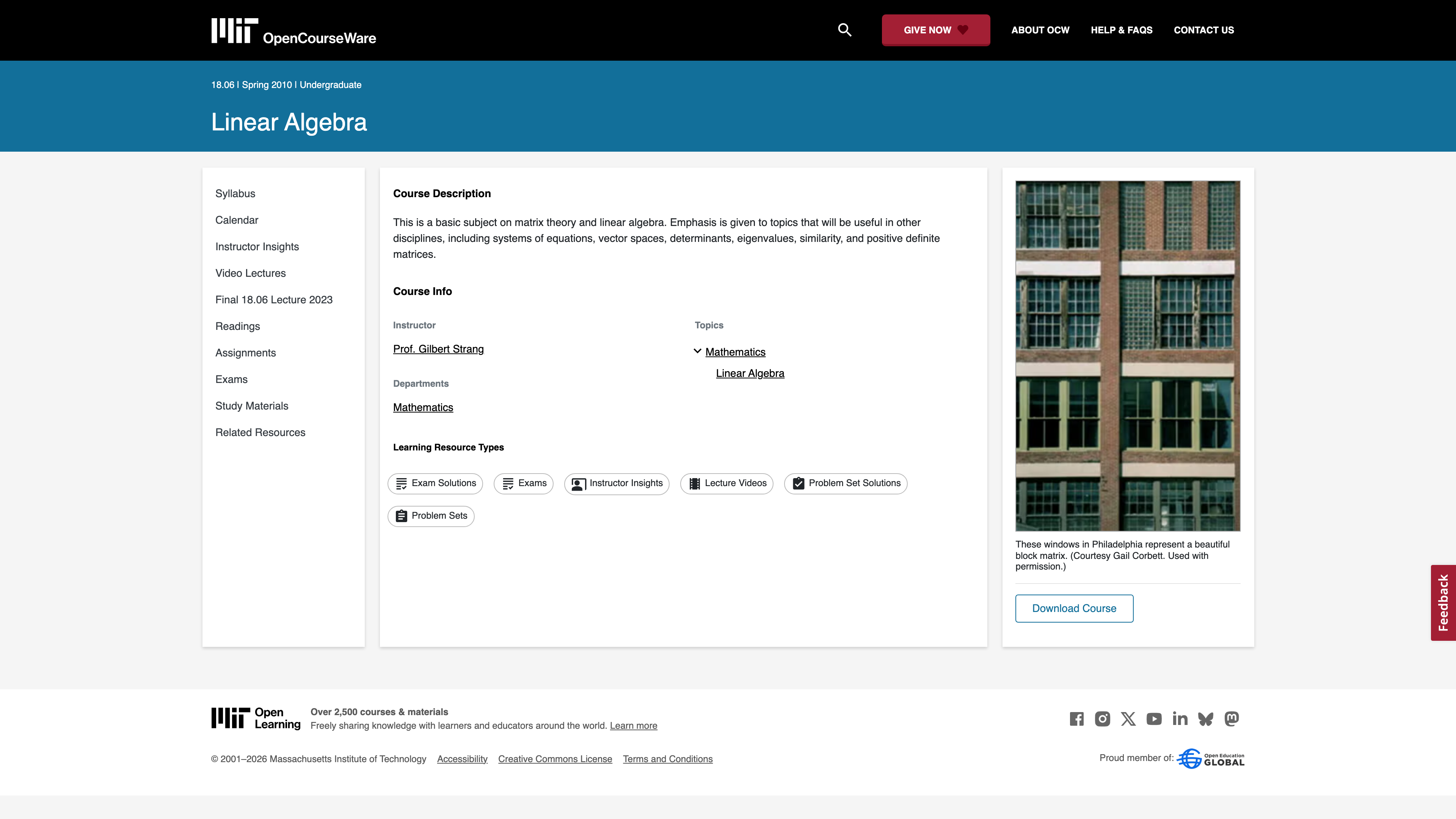 The 18.06 Linear Algebra course page: course navigation on the left, course info and the "Download Course" button on the right