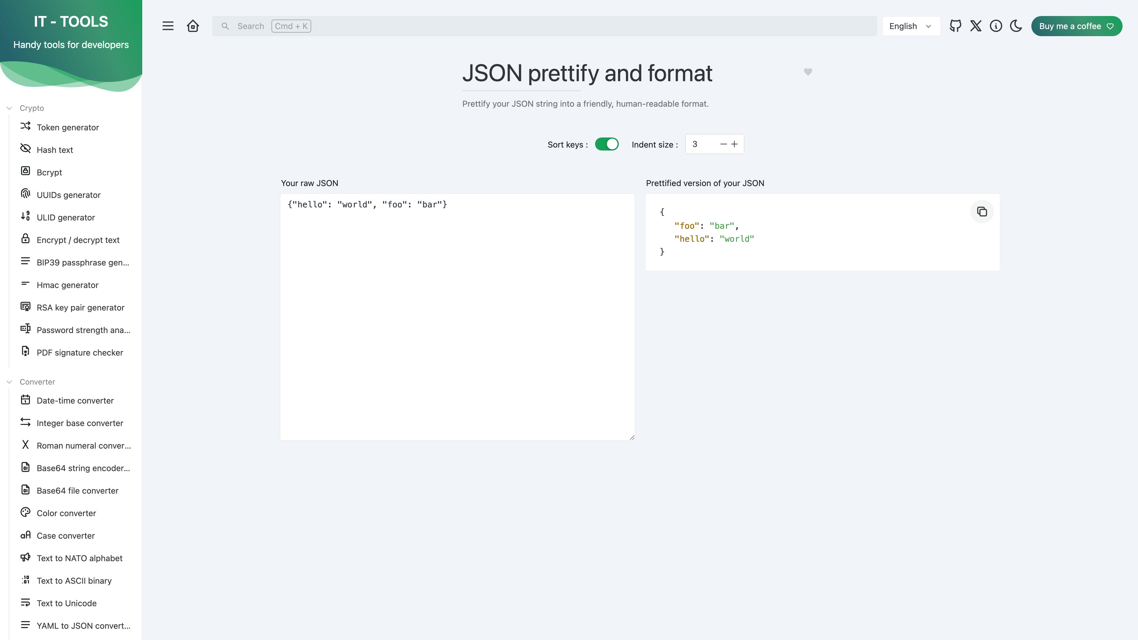 The JSON prettify and format tool: raw JSON on the left, instantly formatted output on the right