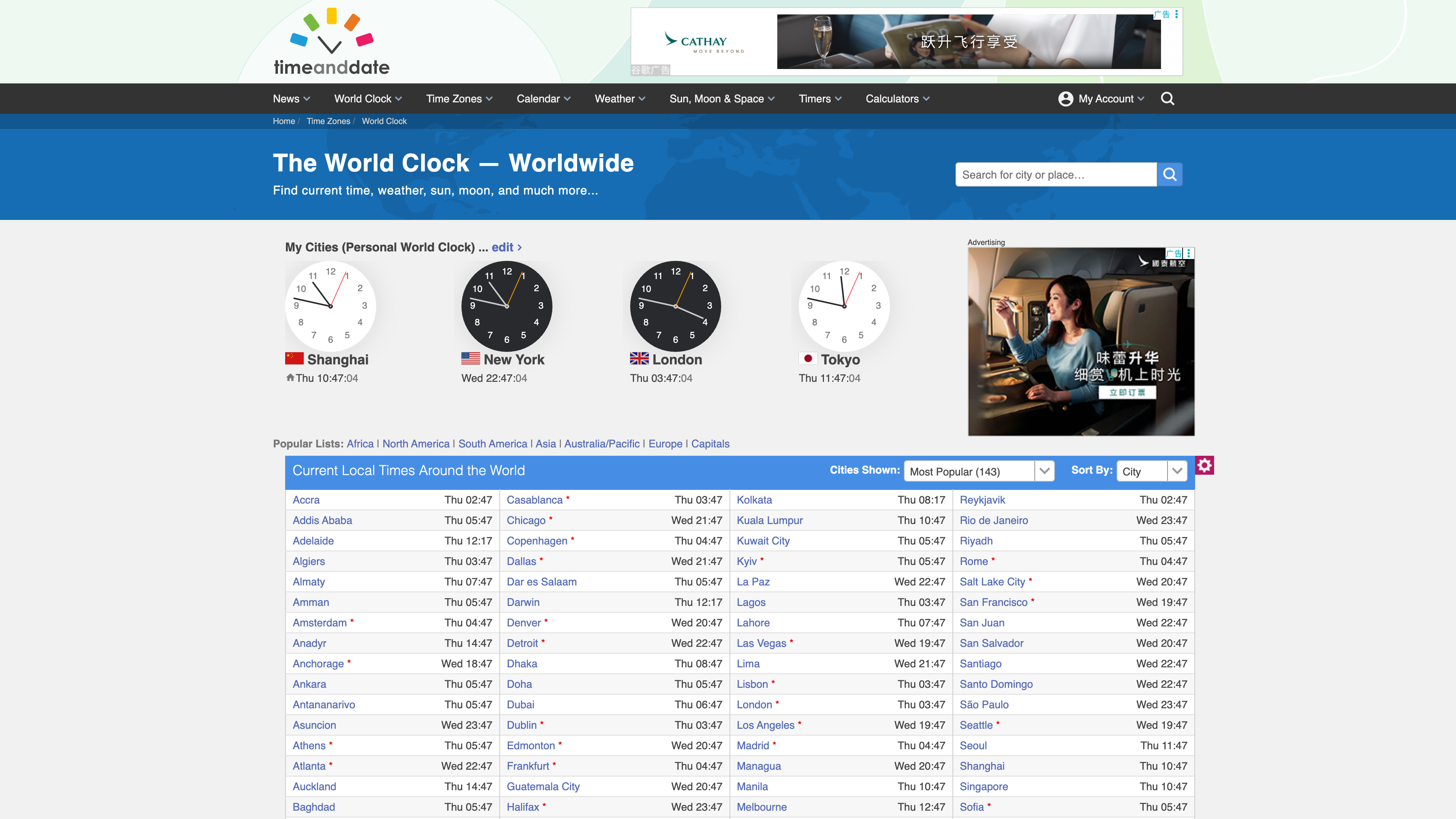 The World Clock page: personal world clock dials and the "Most Popular (143)" table; asterisks mark places on daylight saving time