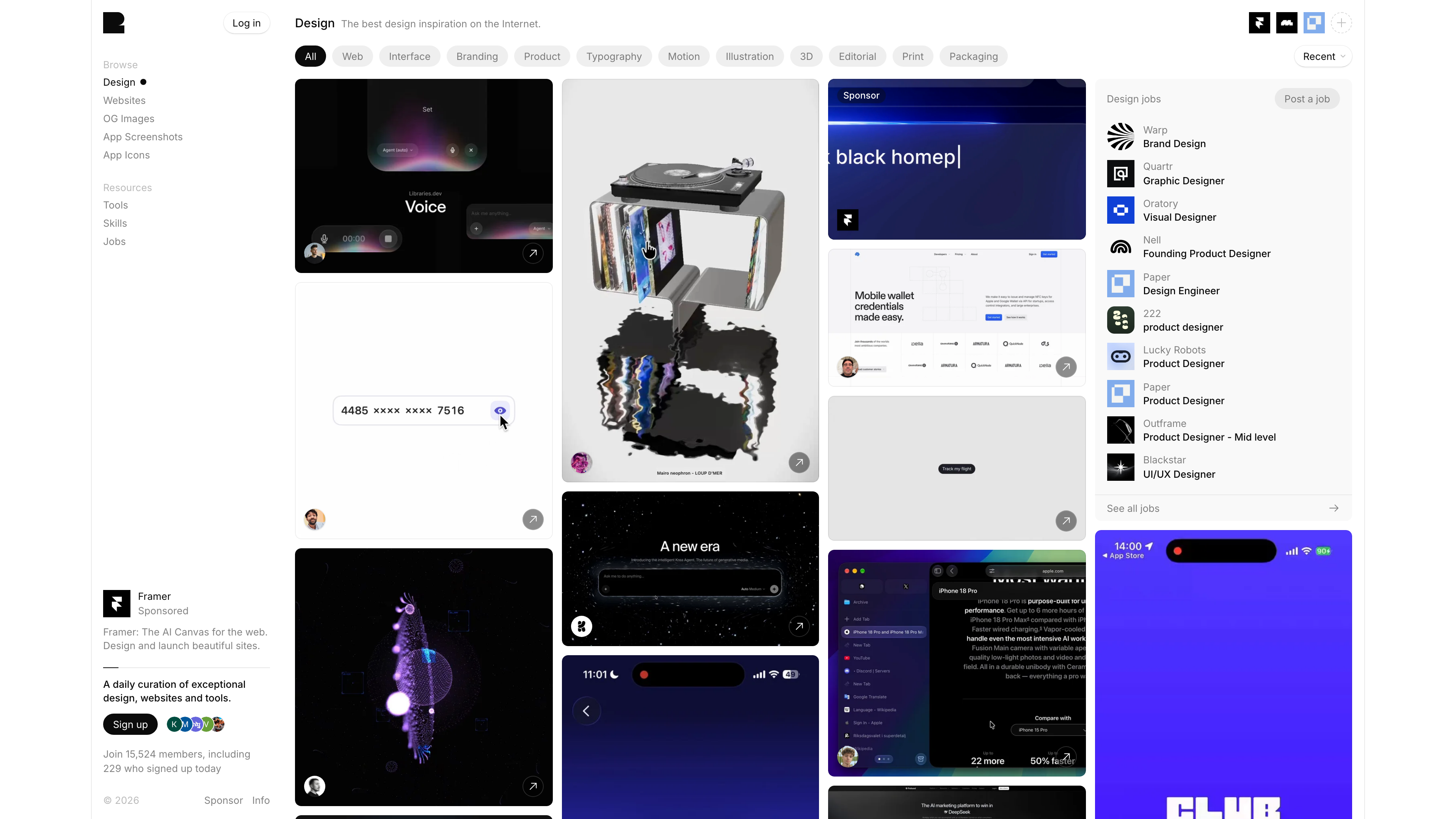 The Recent home feed: a masonry stream of design inspiration filterable by medium such as Web, Interface, Branding, Typography, and Motion
