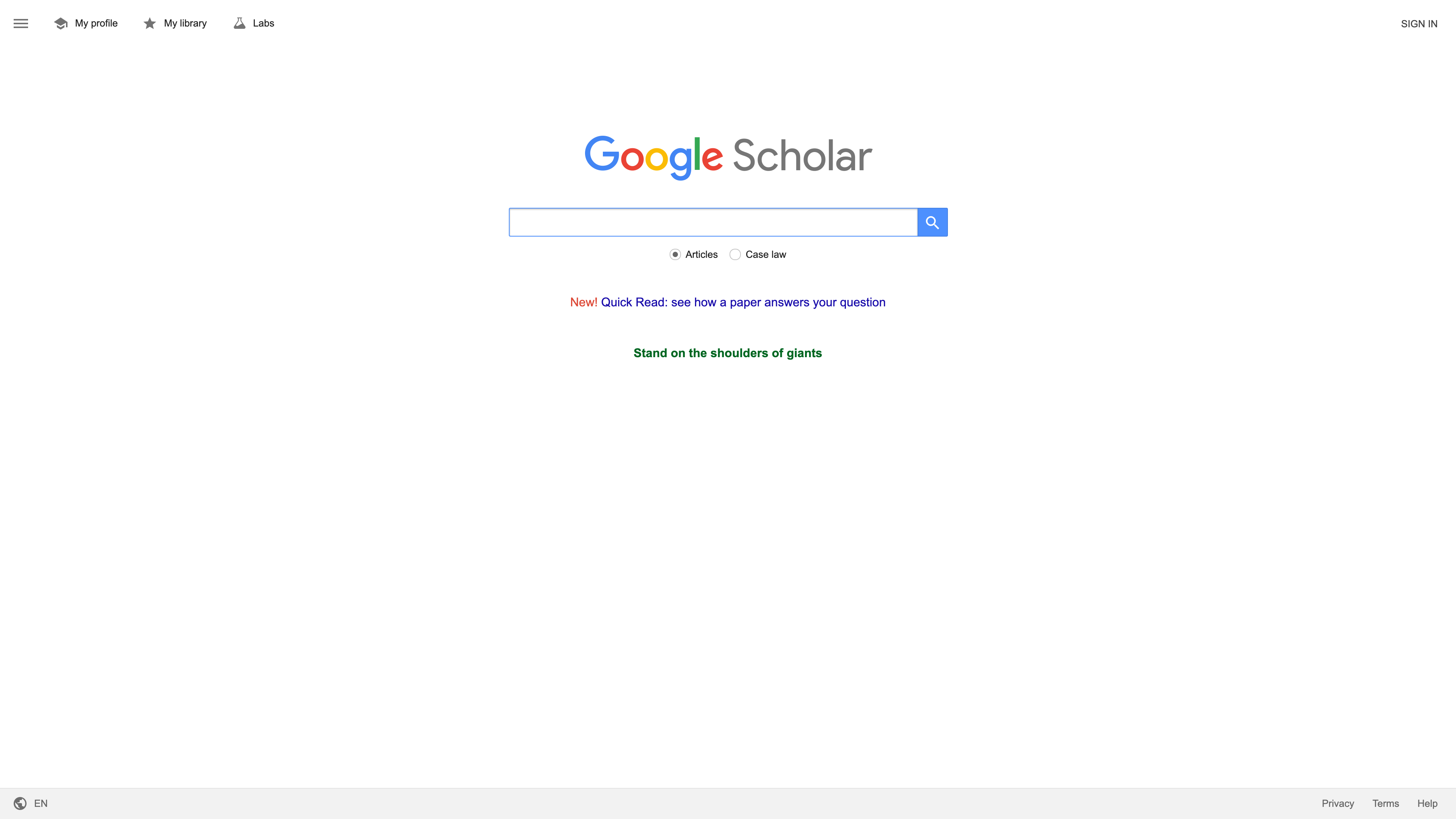 The Google Scholar homepage: a single search box with a toggle between articles and US case law, above the “Stand on the shoulders of giants” motto