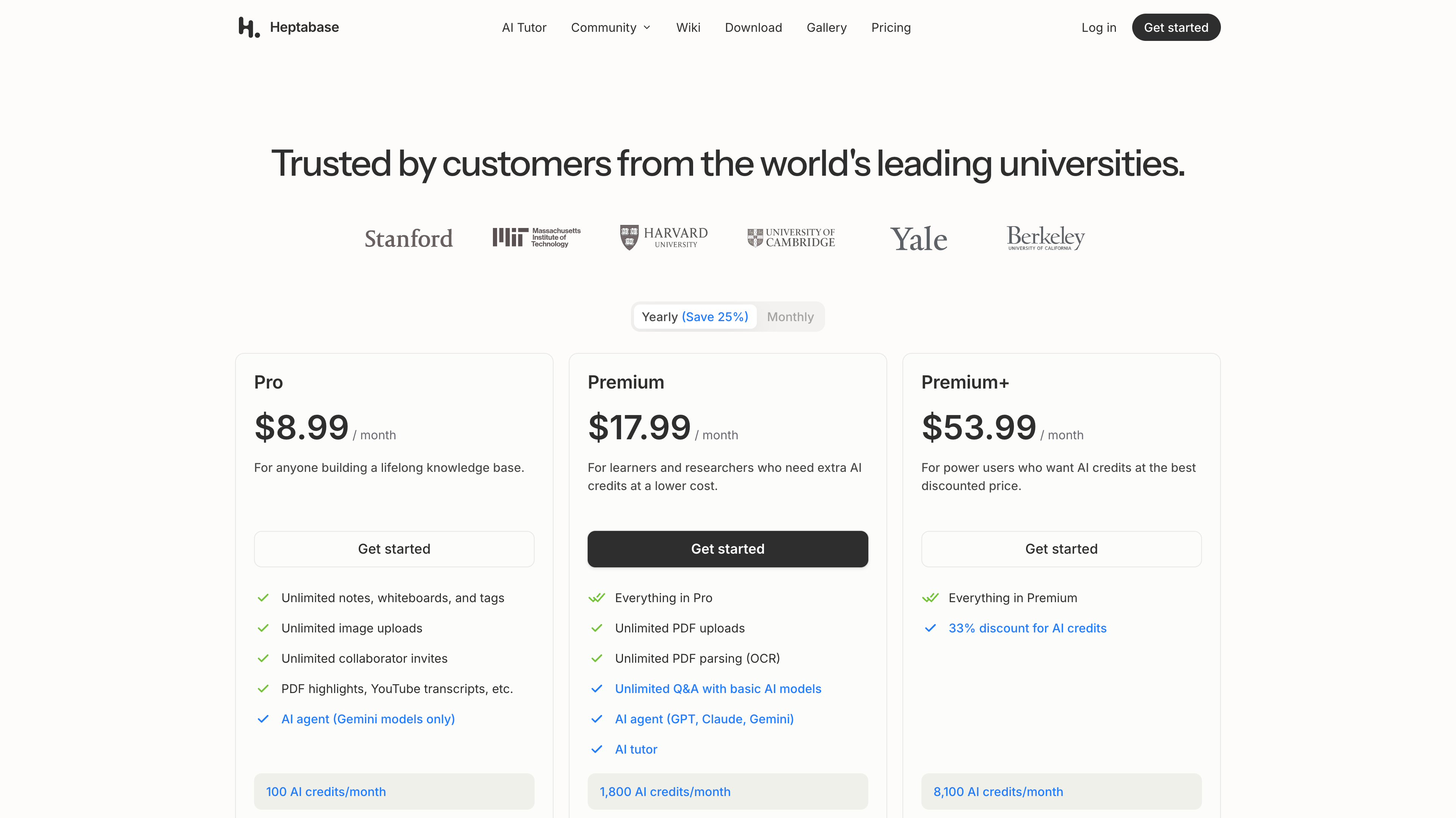 Heptabase pricing page: Pro at <span class="katex"><span class="katex-mathml"><math xmlns="http://www.w3.org/1998/Math/MathML"><semantics><mrow><mn>8.99</mn><mi mathvariant="normal">/</mi><mi>m</mi><mi>o</mi><mi>n</mi><mi>t</mi><mi>h</mi><mo separator="true">,</mo><mi>P</mi><mi>r</mi><mi>e</mi><mi>m</mi><mi>i</mi><mi>u</mi><mi>m</mi><mi>a</mi><mi>t</mi></mrow><annotation encoding="application/x-tex">8.99/month, Premium at</annotation></semantics></math></span><span class="katex-html" aria-hidden="true"><span class="katex-base"><span class="katex-strut" style="height:1em;vertical-align:-0.25em;"></span><span class="mord">8.99/</span><span class="mord mathnormal">m</span><span class="mord mathnormal">o</span><span class="mord mathnormal">n</span><span class="mord mathnormal">t</span><span class="mord mathnormal">h</span><span class="mpunct">,</span><span class="mspace" style="margin-right:0.1667em;"></span><span class="mord mathnormal" style="margin-right:0.1389em;">P</span><span class="mord mathnormal" style="margin-right:0.0278em;">r</span><span class="mord mathnormal">e</span><span class="mord mathnormal">mi</span><span class="mord mathnormal">u</span><span class="mord mathnormal">ma</span><span class="mord mathnormal">t</span></span></span></span>17.99/month, and Premium+ at $53.99/month, billed yearly