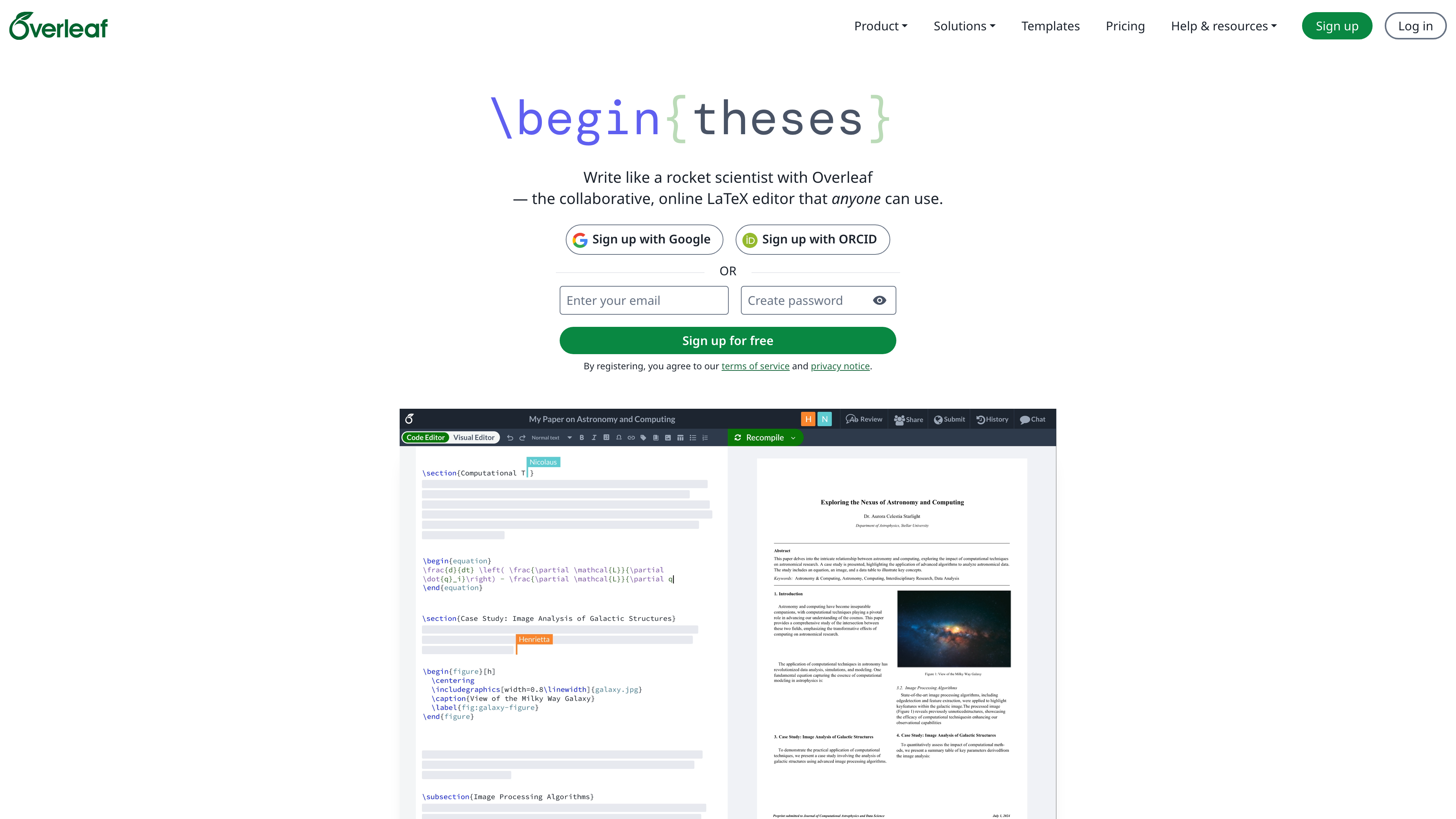 The Overleaf homepage: sign-up options above a preview of the editor, with LaTeX source on the left and the compiled PDF on the right