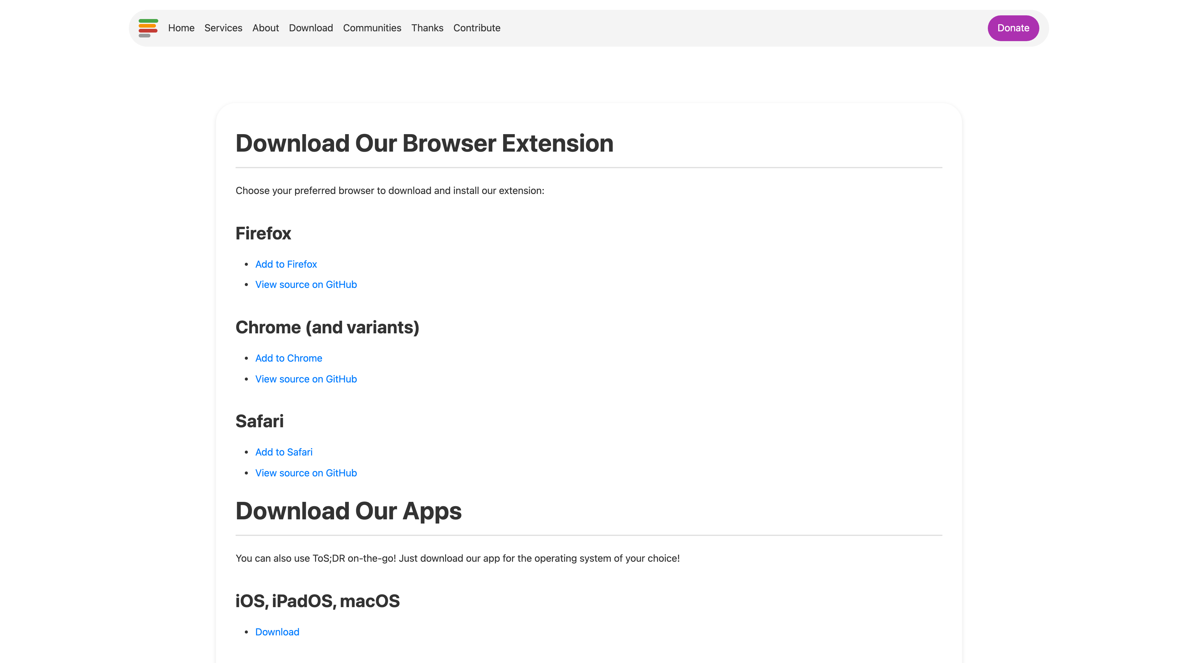 The download page offers extensions for Firefox, Chrome and Safari, plus iOS and Android apps