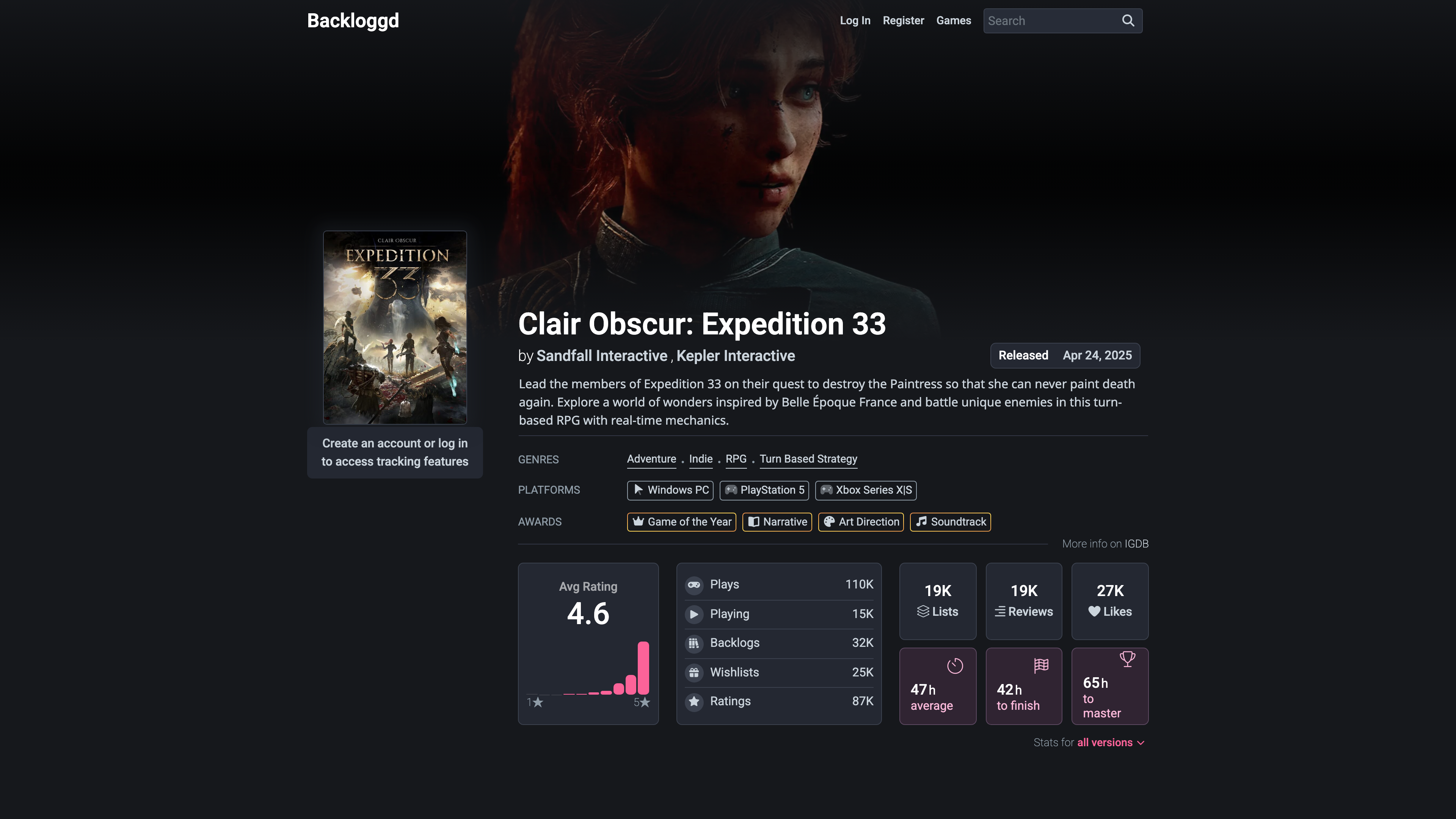 The Backloggd page for Clair Obscur: Expedition 33 — cover art, a rating-distribution histogram, play/backlog/wishlist counts and community playtime stats
