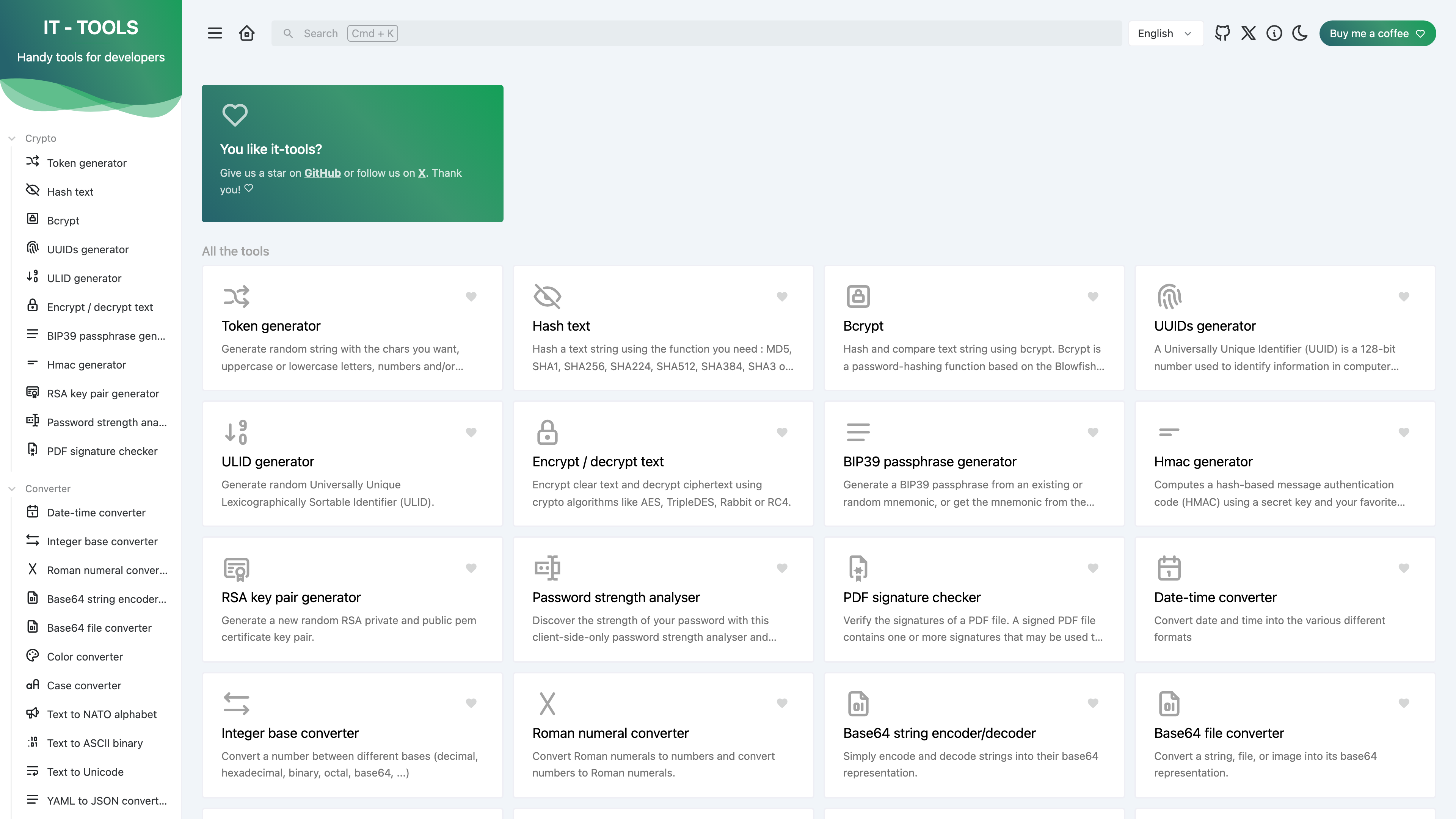 The IT Tools homepage: category navigation on the left, all tool cards listed by category in the main area