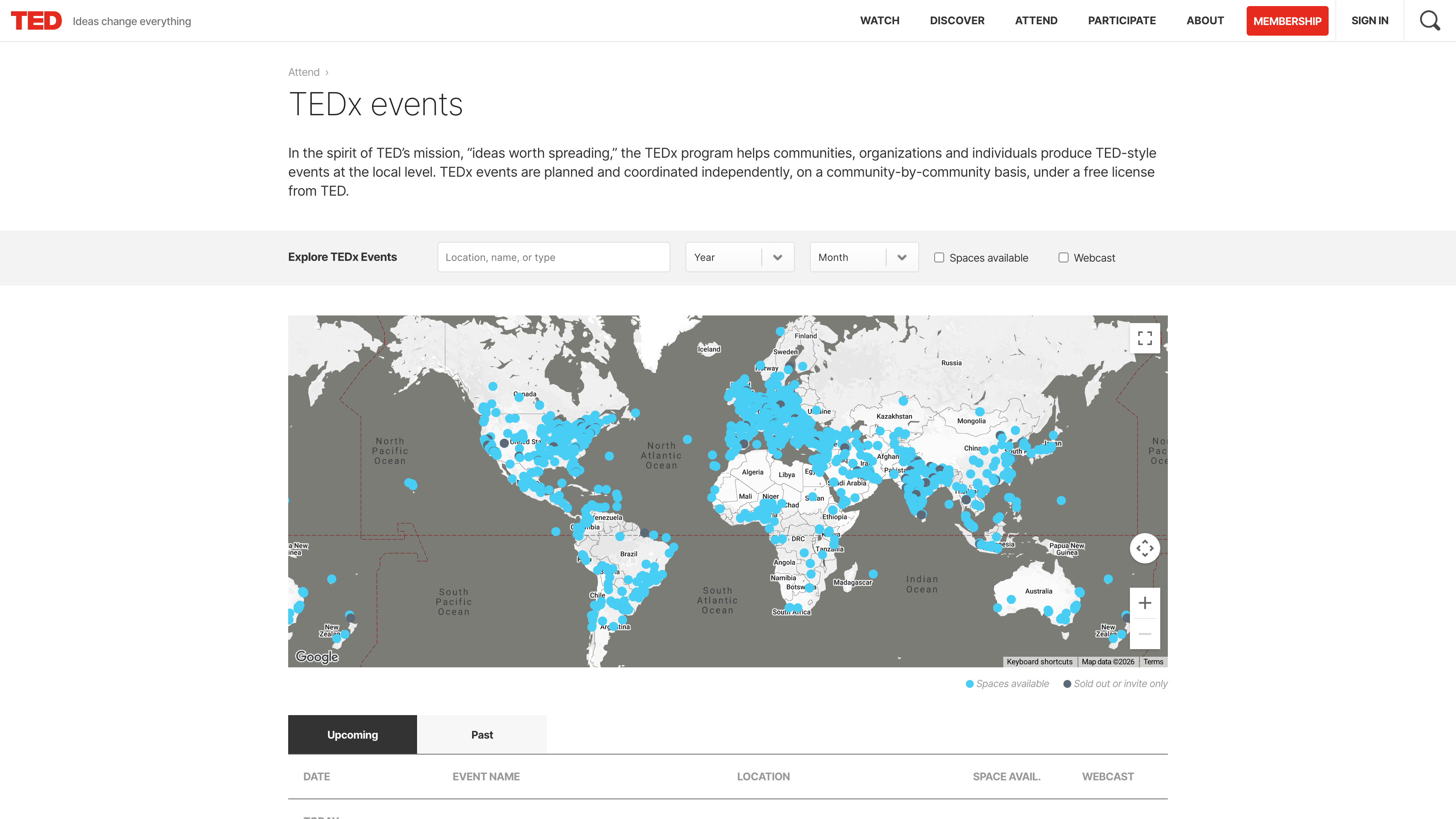 The TEDx events page: a world map dotted with upcoming independently organized events
