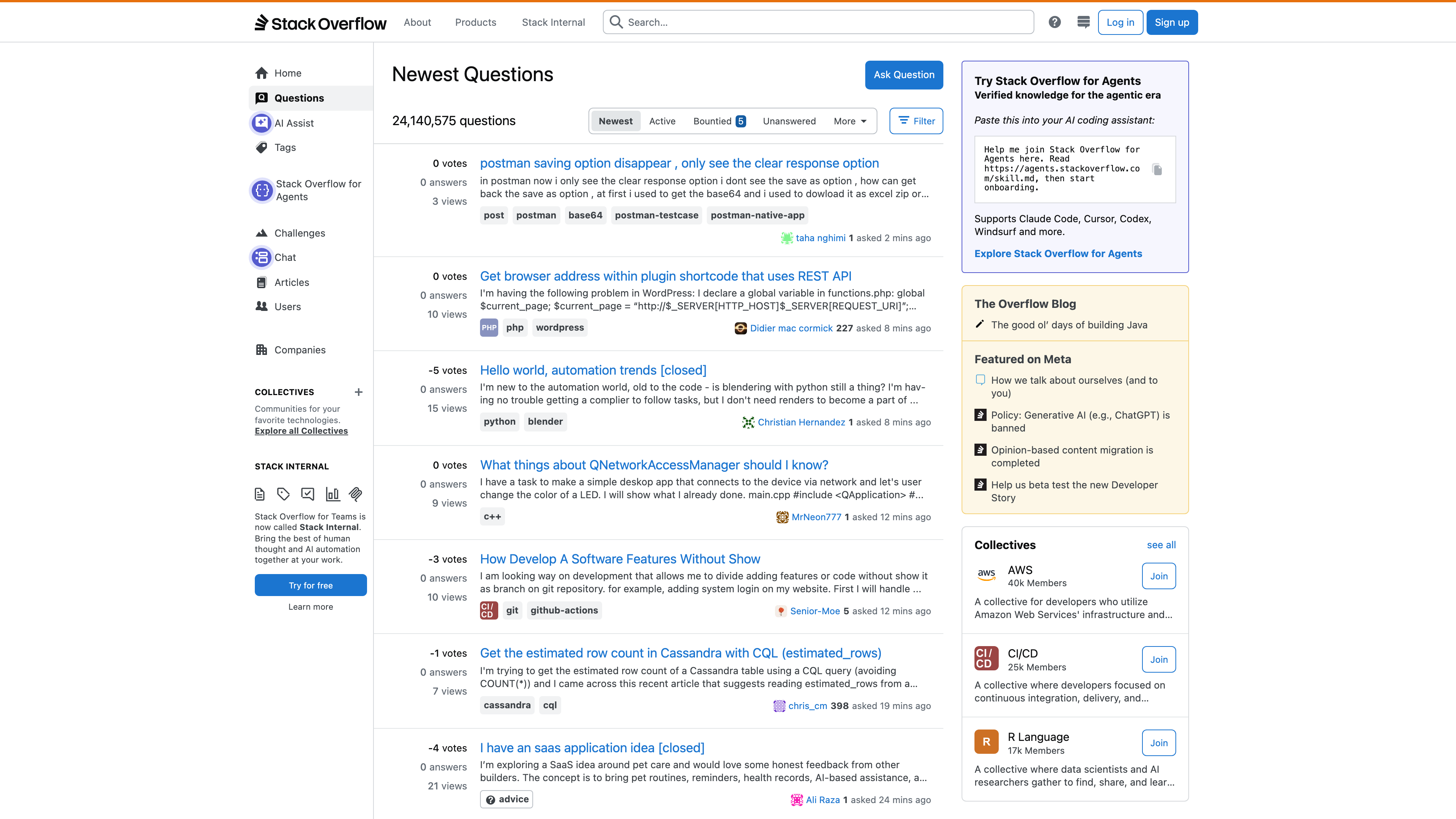 The Stack Overflow homepage: the newest-questions feed and total question count