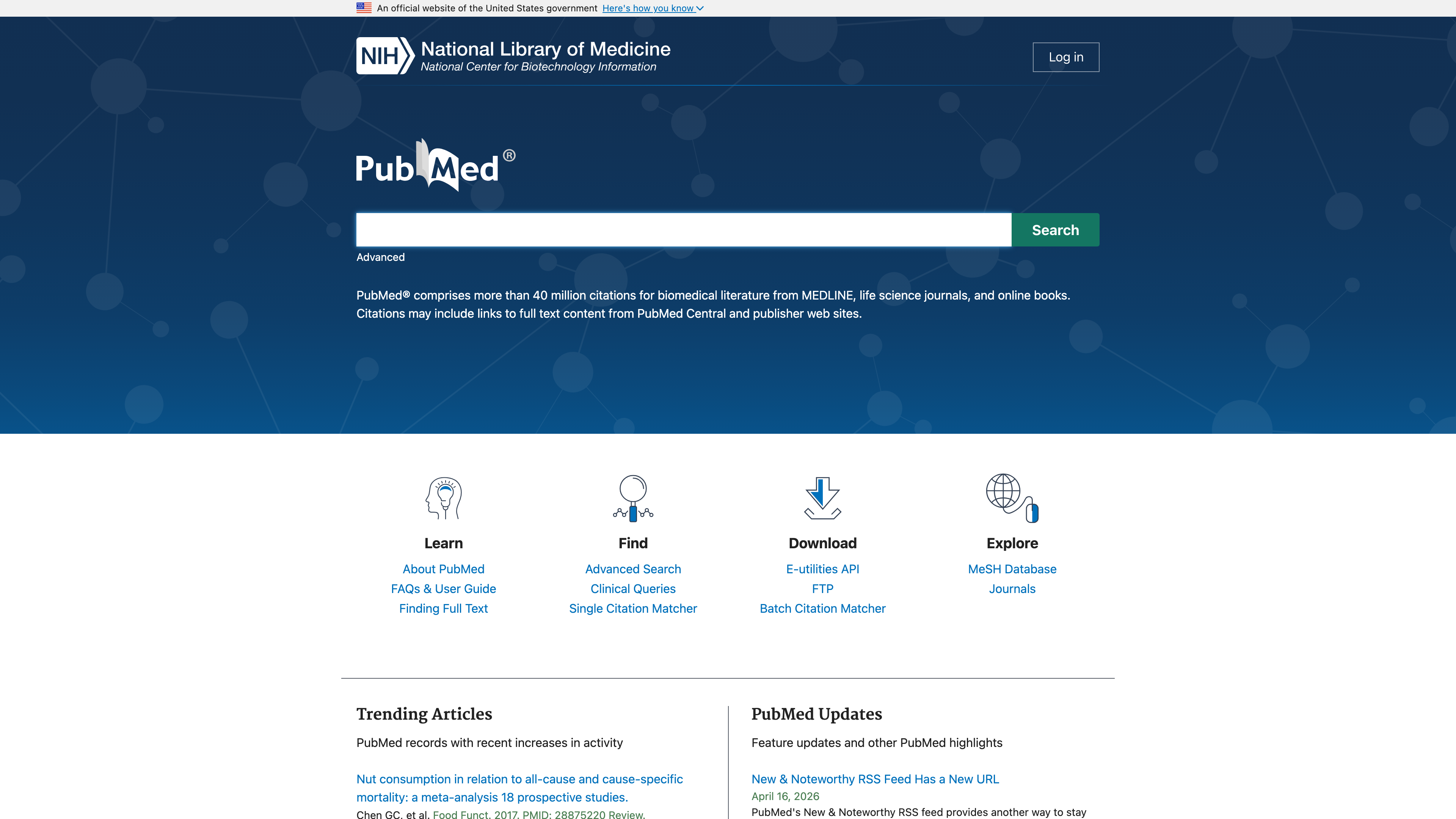 The PubMed home page: the search box sits above the database-size statement, with entry points grouped under Learn, Find, Download and Explore