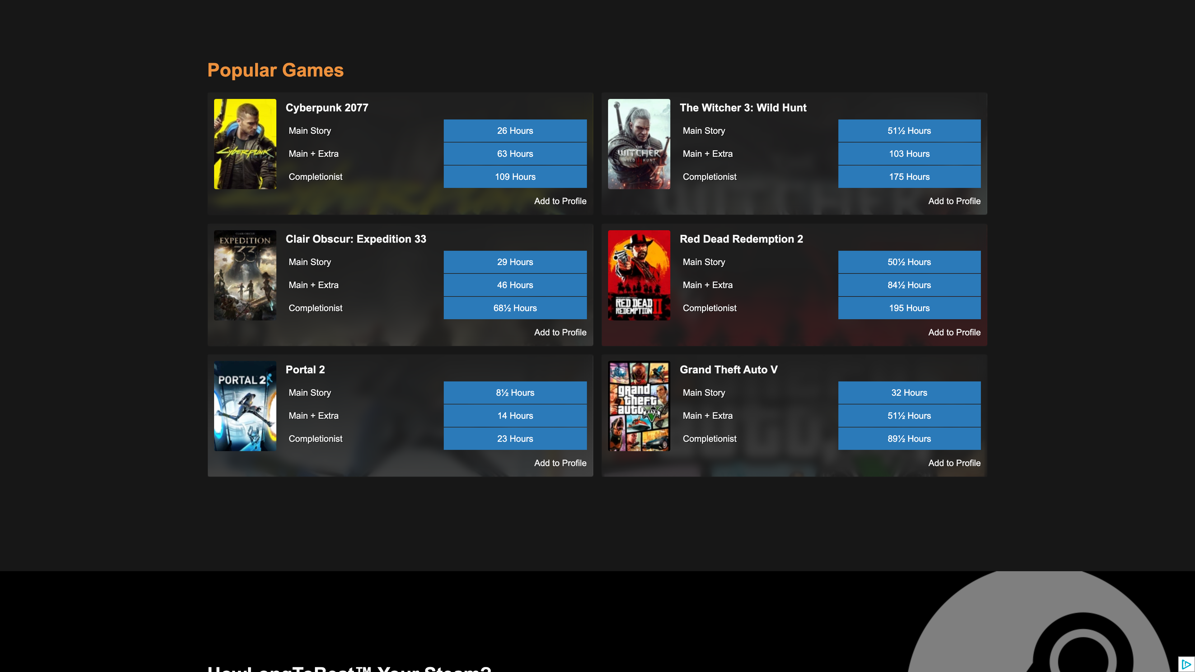 The HowLongToBeat homepage's Popular Games section: each card lists Main Story, Main + Extra, and Completionist time estimates