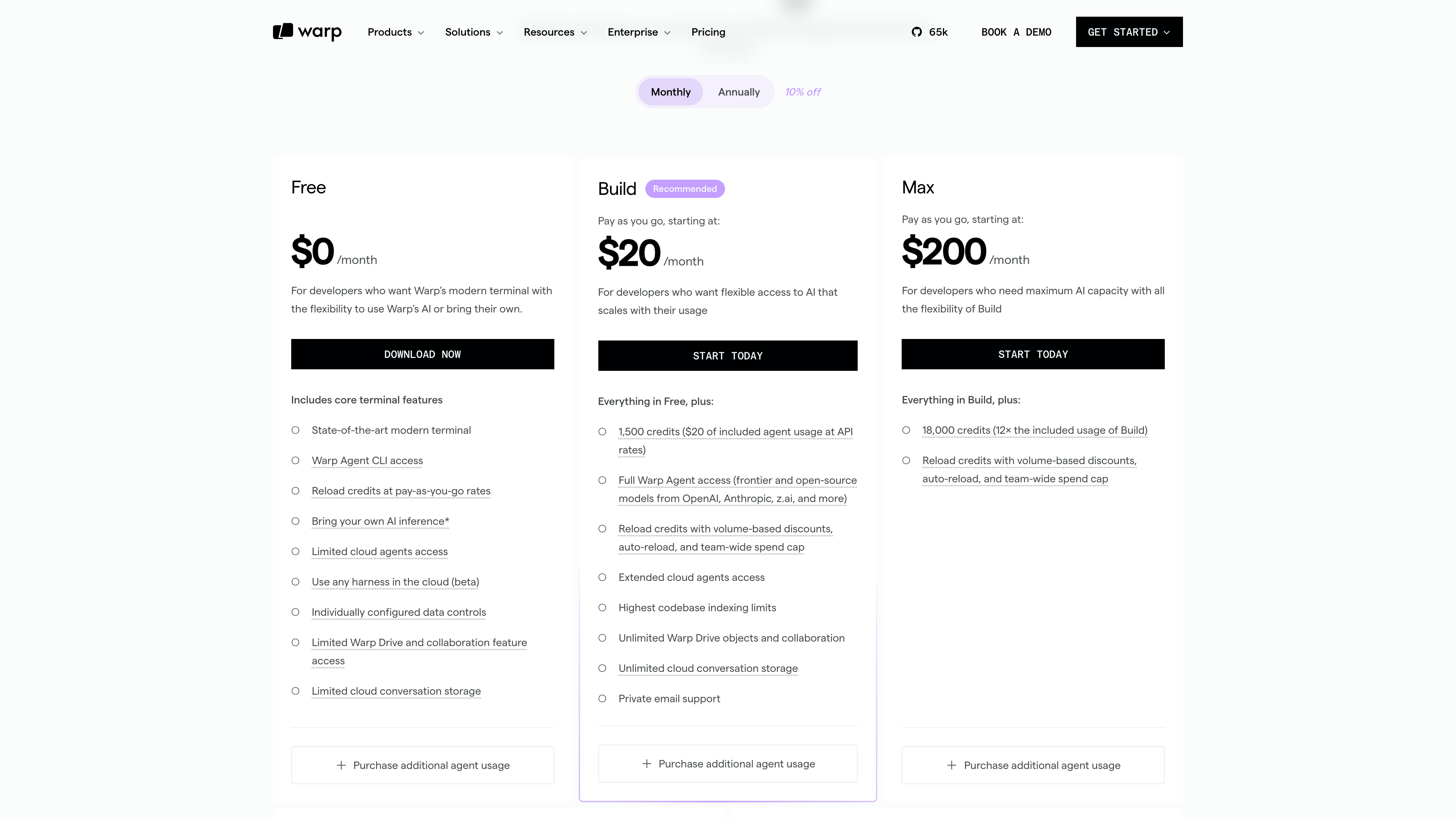 Warp's pricing page: the Free ($0), Build (from $20/month with 1,500 credits), and Max (from $200/month with 18,000 credits) tiers