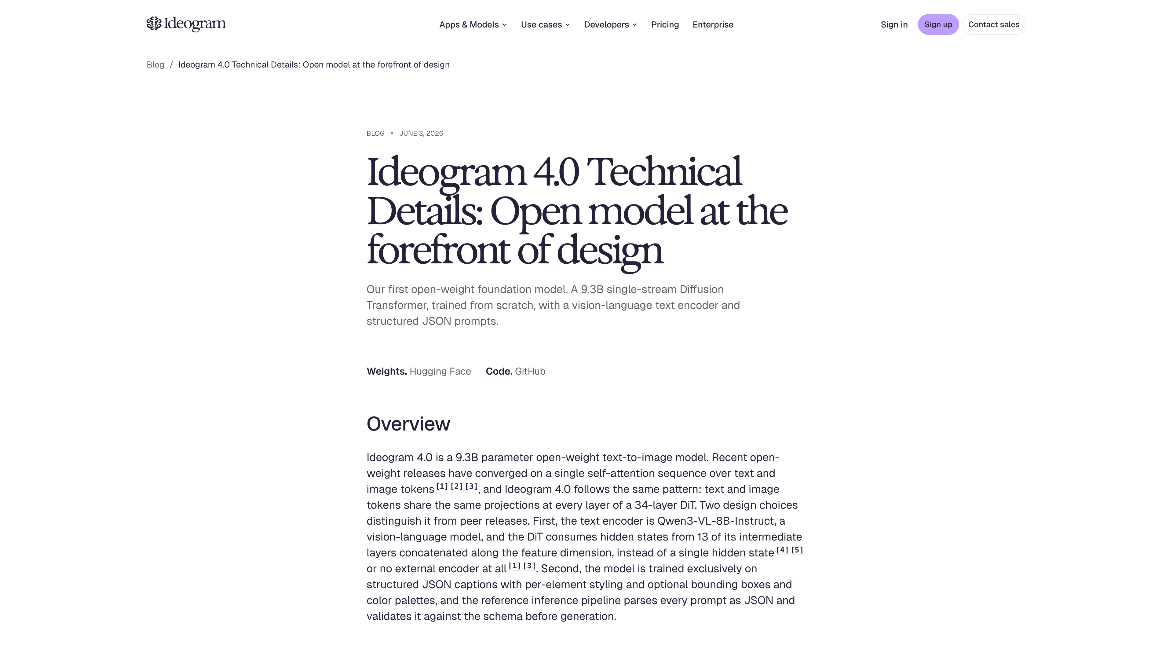 Ideogram's official 4.0 technical blog post, published June 3, 2026: the first open-weight foundation model at 9.3B parameters