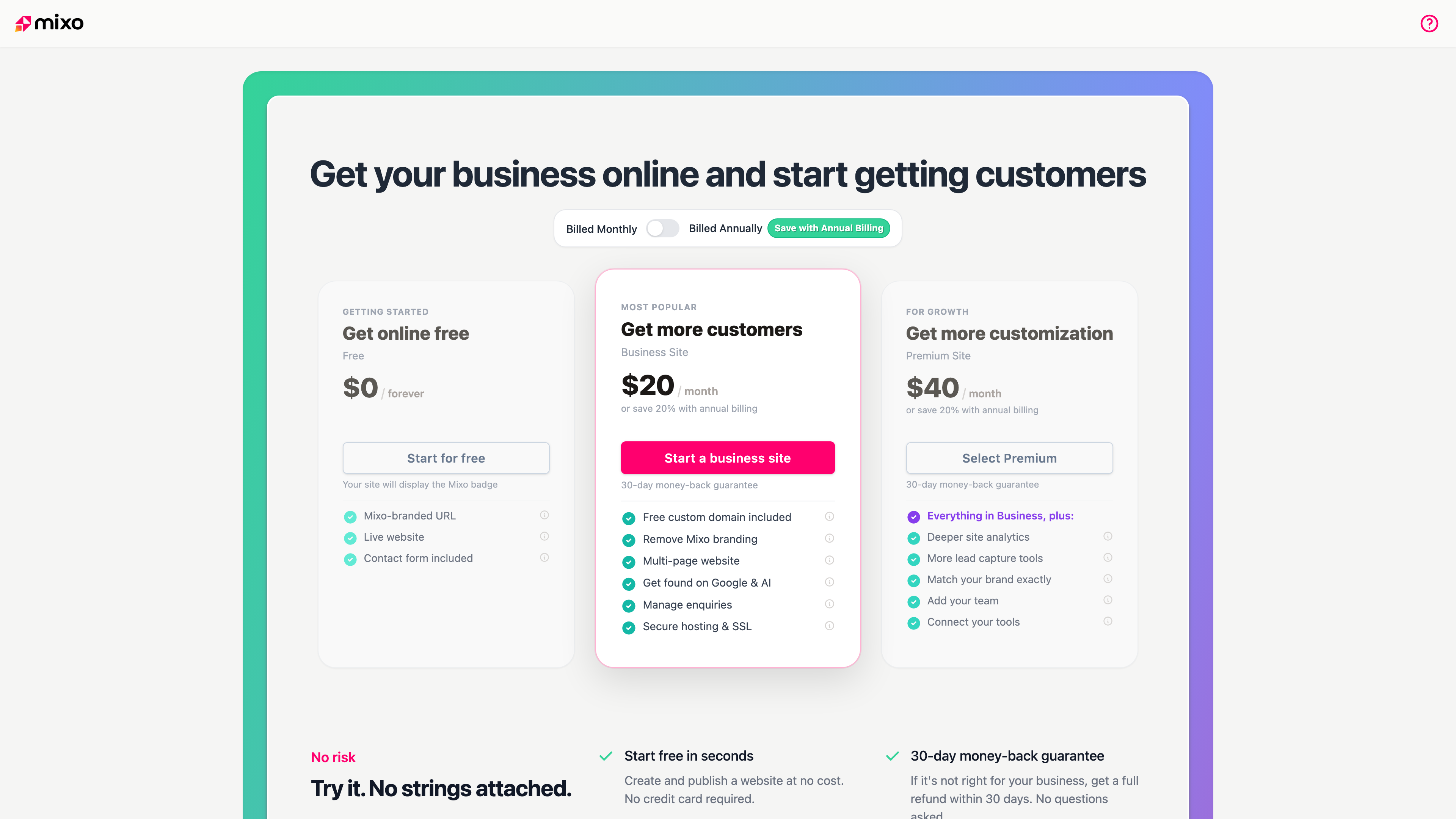 Mixo's pricing page with its three plans