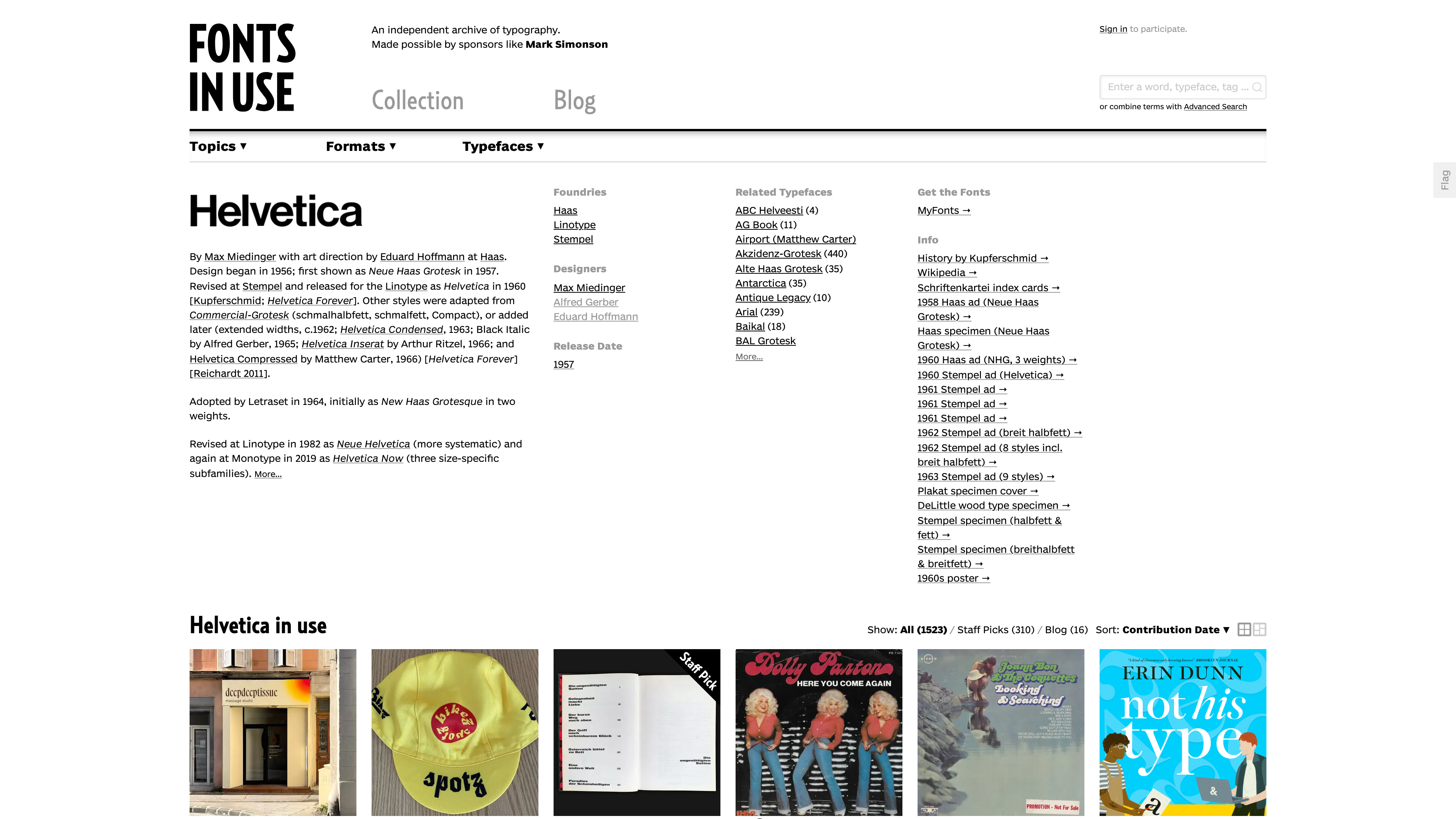 The Helvetica typeface page, with a short history, foundries, designers, related typefaces, and purchase links