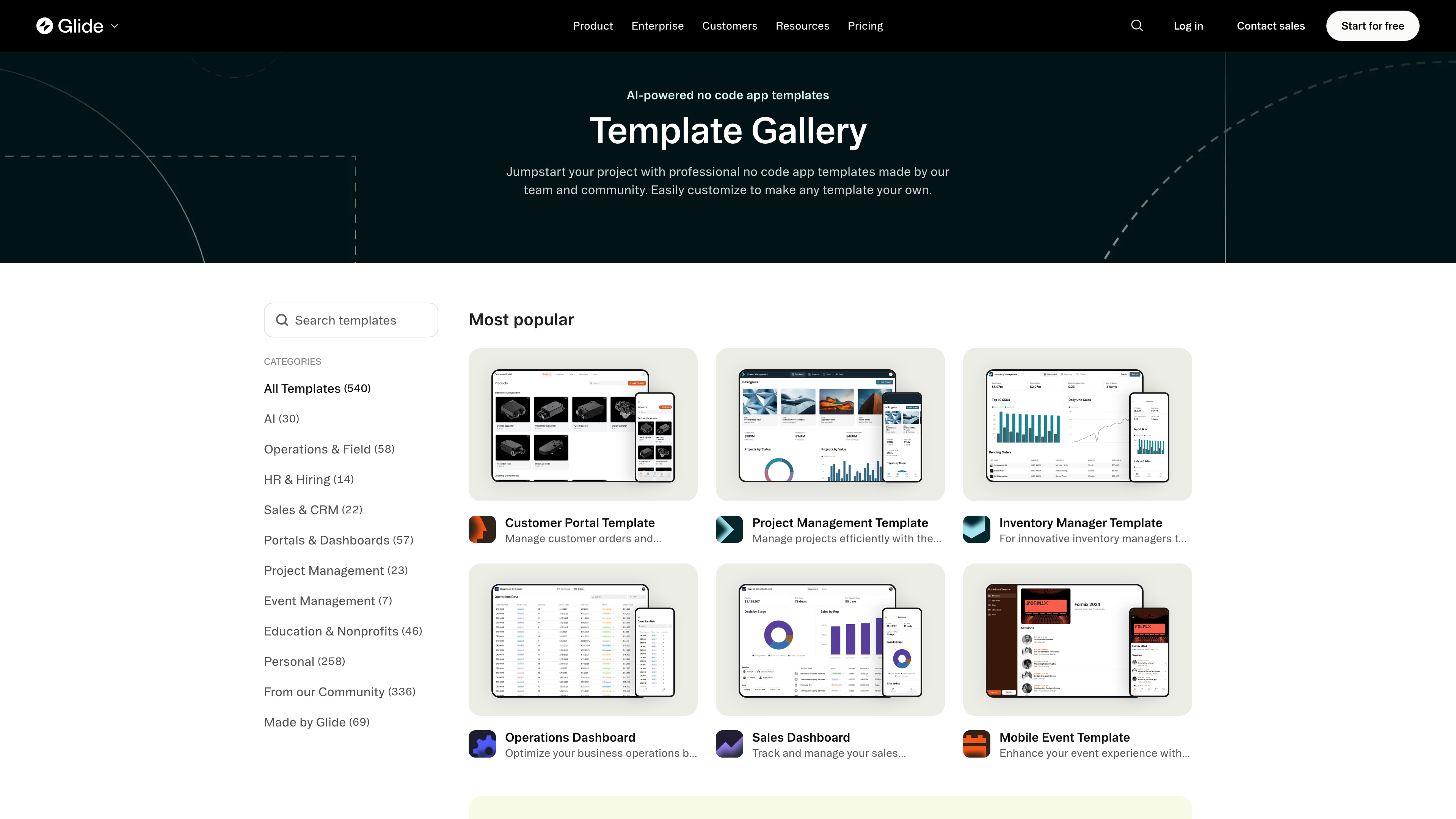 Glide template gallery: 540 templates with category filters