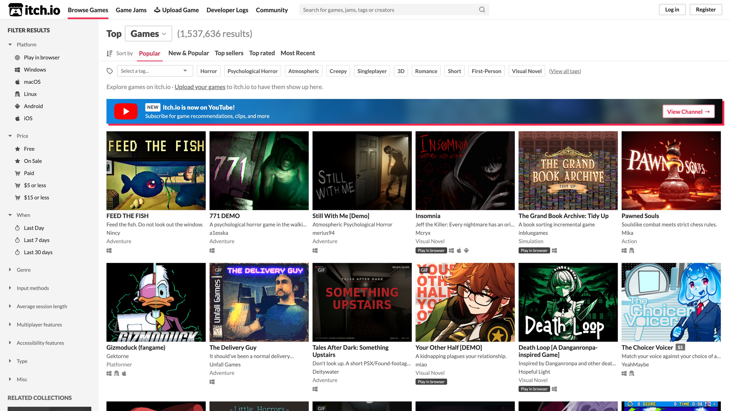 The itch.io games browse page, showing more than 1.53 million results on September 2, 2026