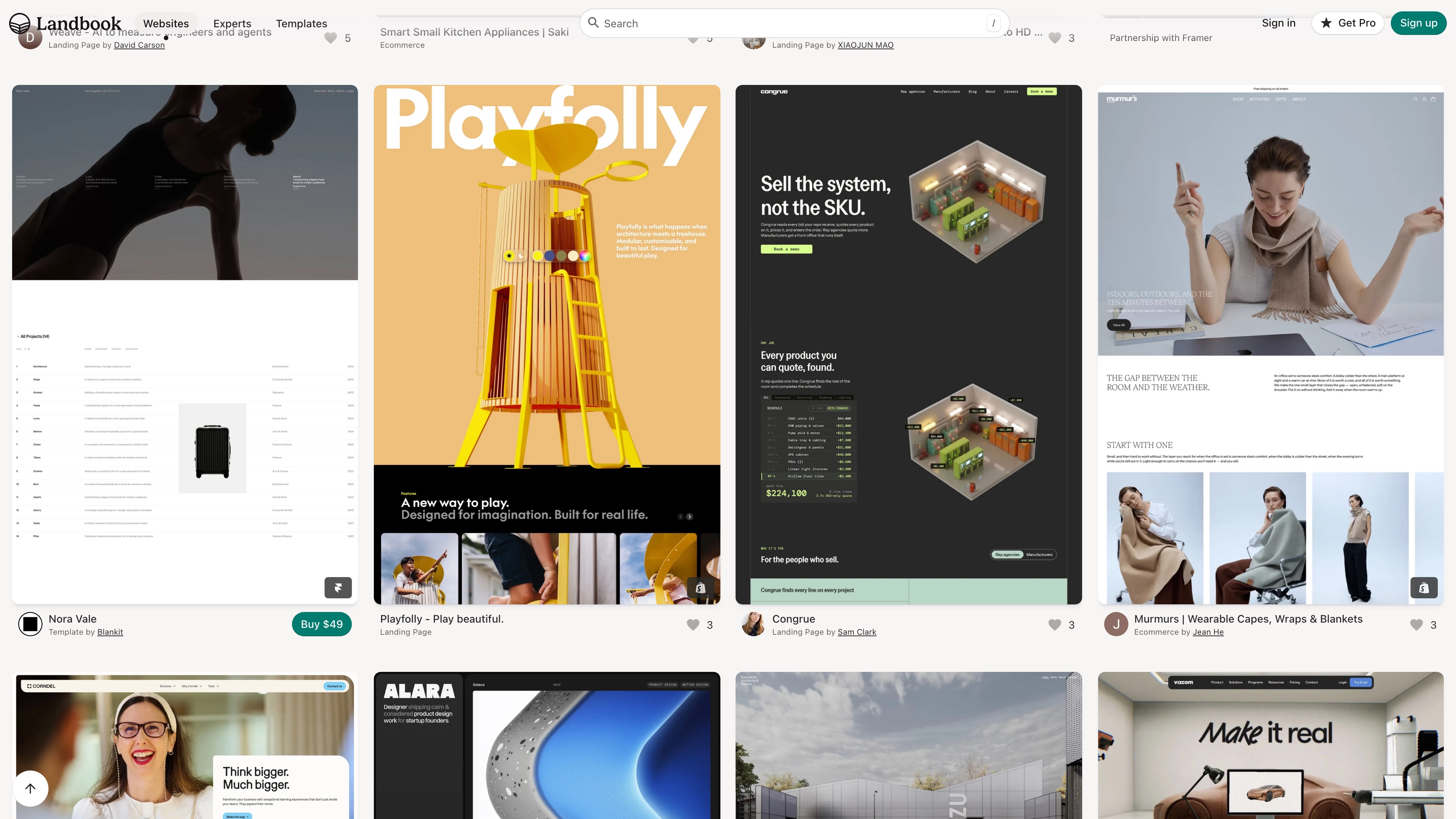 Gallery entries: full-page screenshots, save counts, and a paid template card
