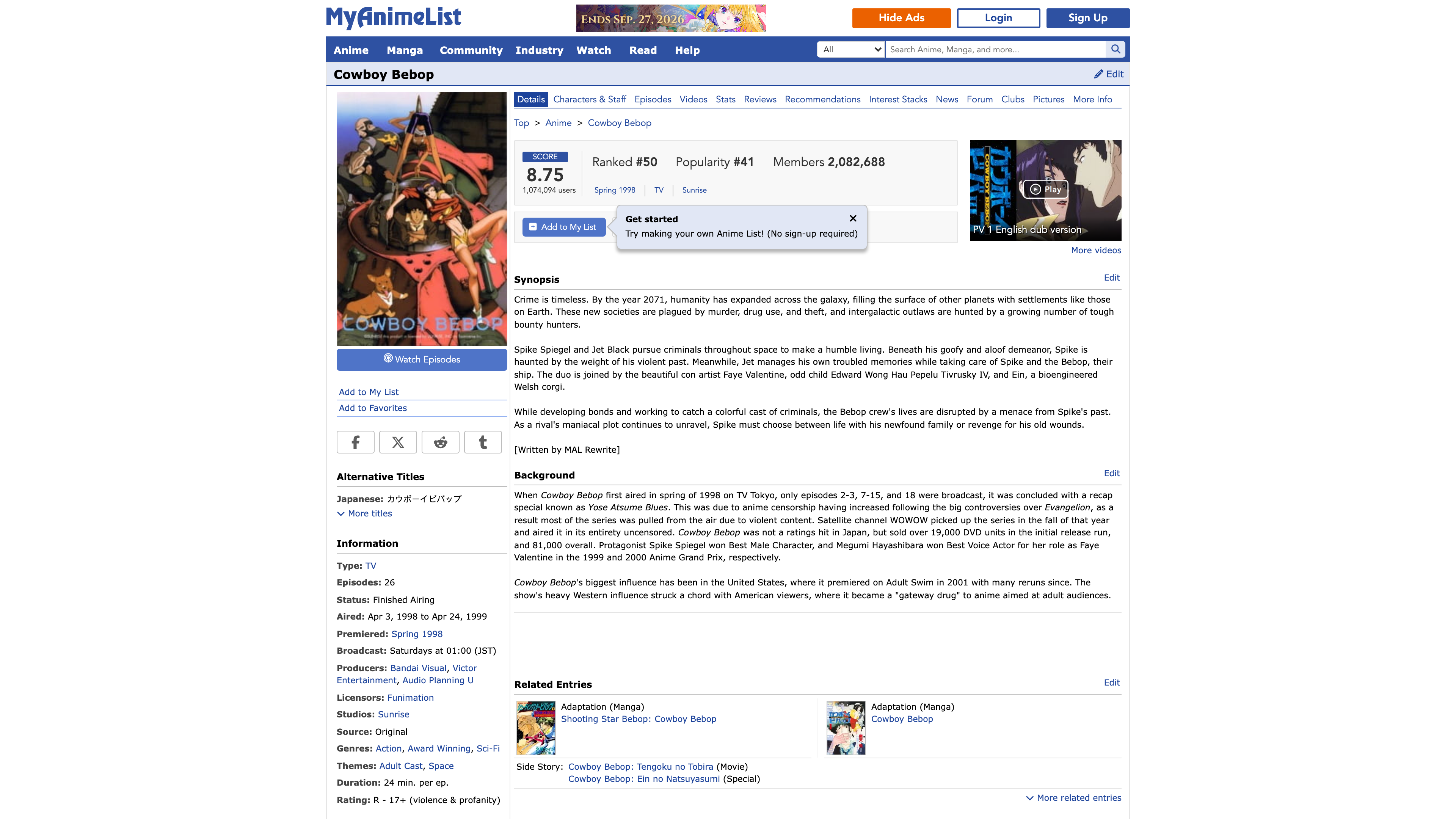 The Cowboy Bebop entry page: score, rankings, member count, and structured details