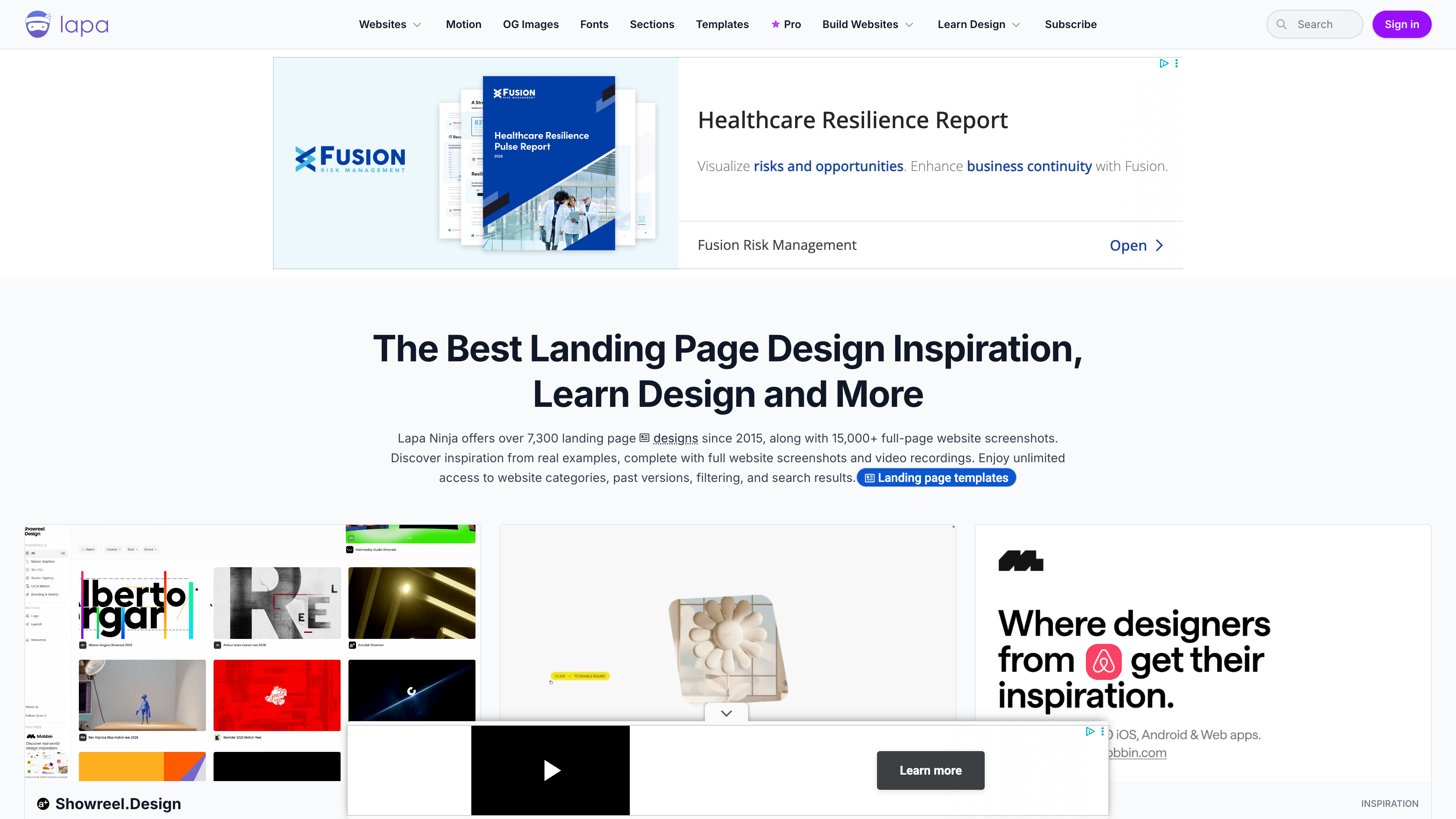Lapa Ninja homepage: a sponsored placement and positioning statement up top, with the latest entries below