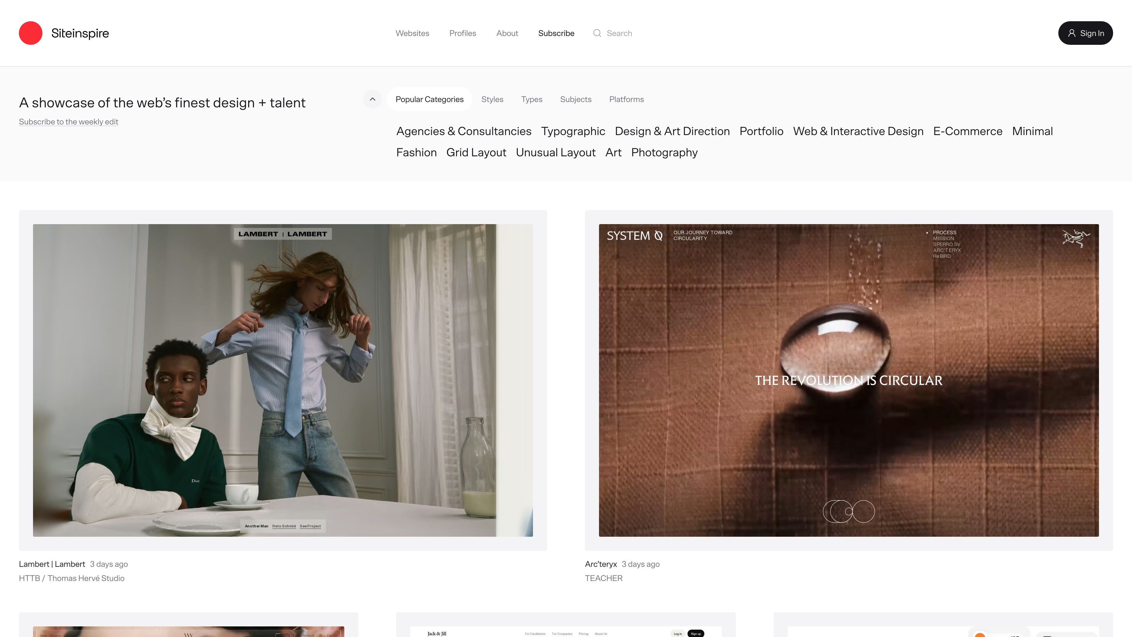 Siteinspire homepage: category filter bar above a grid of featured website thumbnails