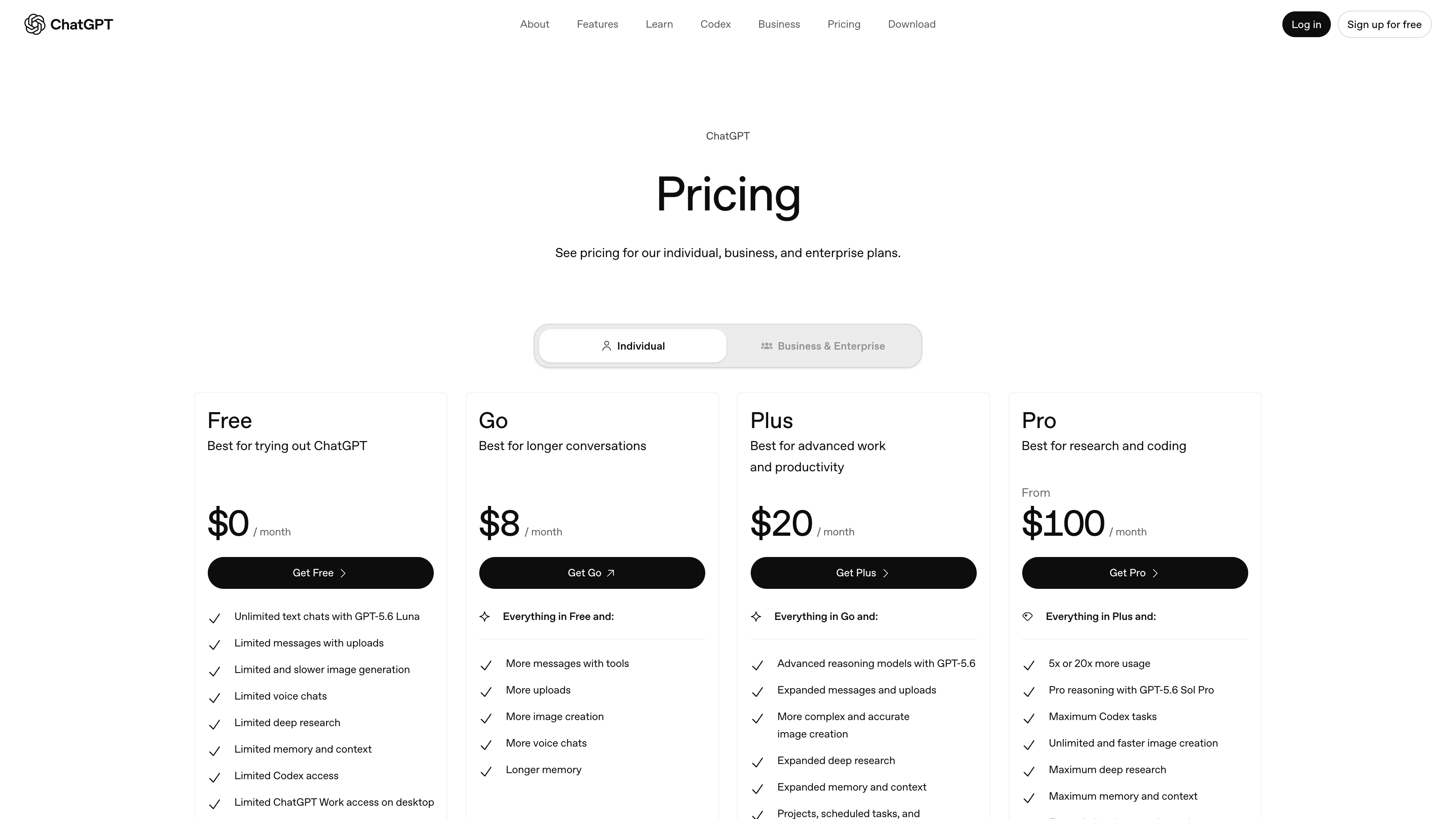 ChatGPT's official pricing page showing the four individual plans (as of 2026-09-03)