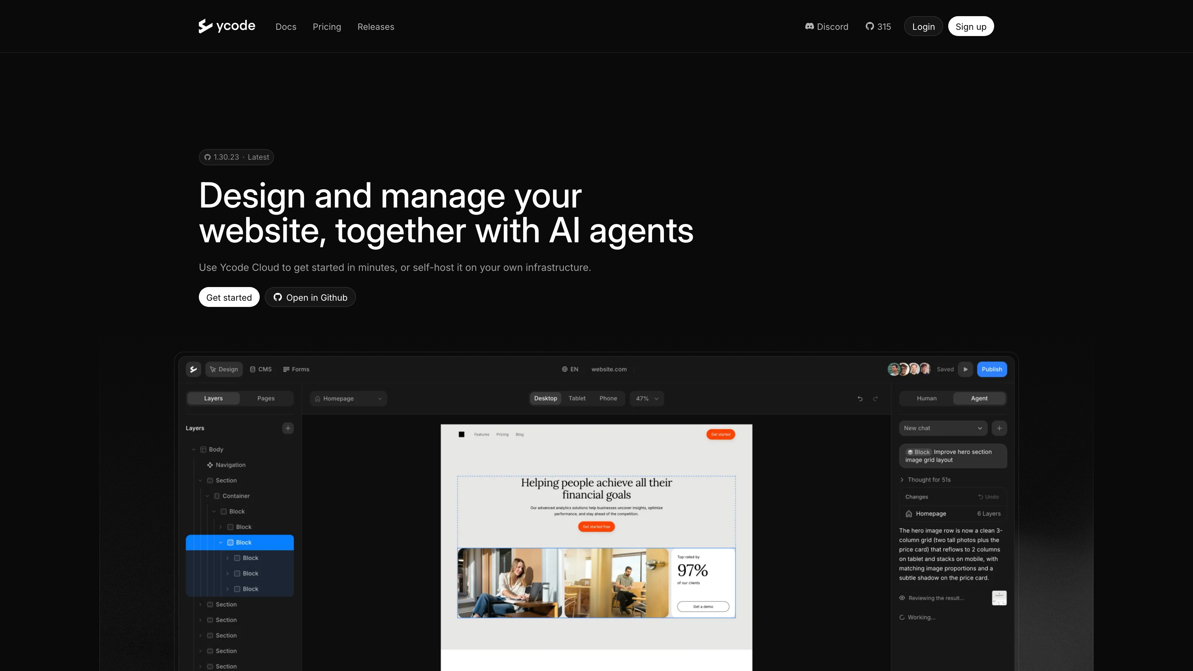 Ycode's AI agents page: the in-editor Agent chat panel