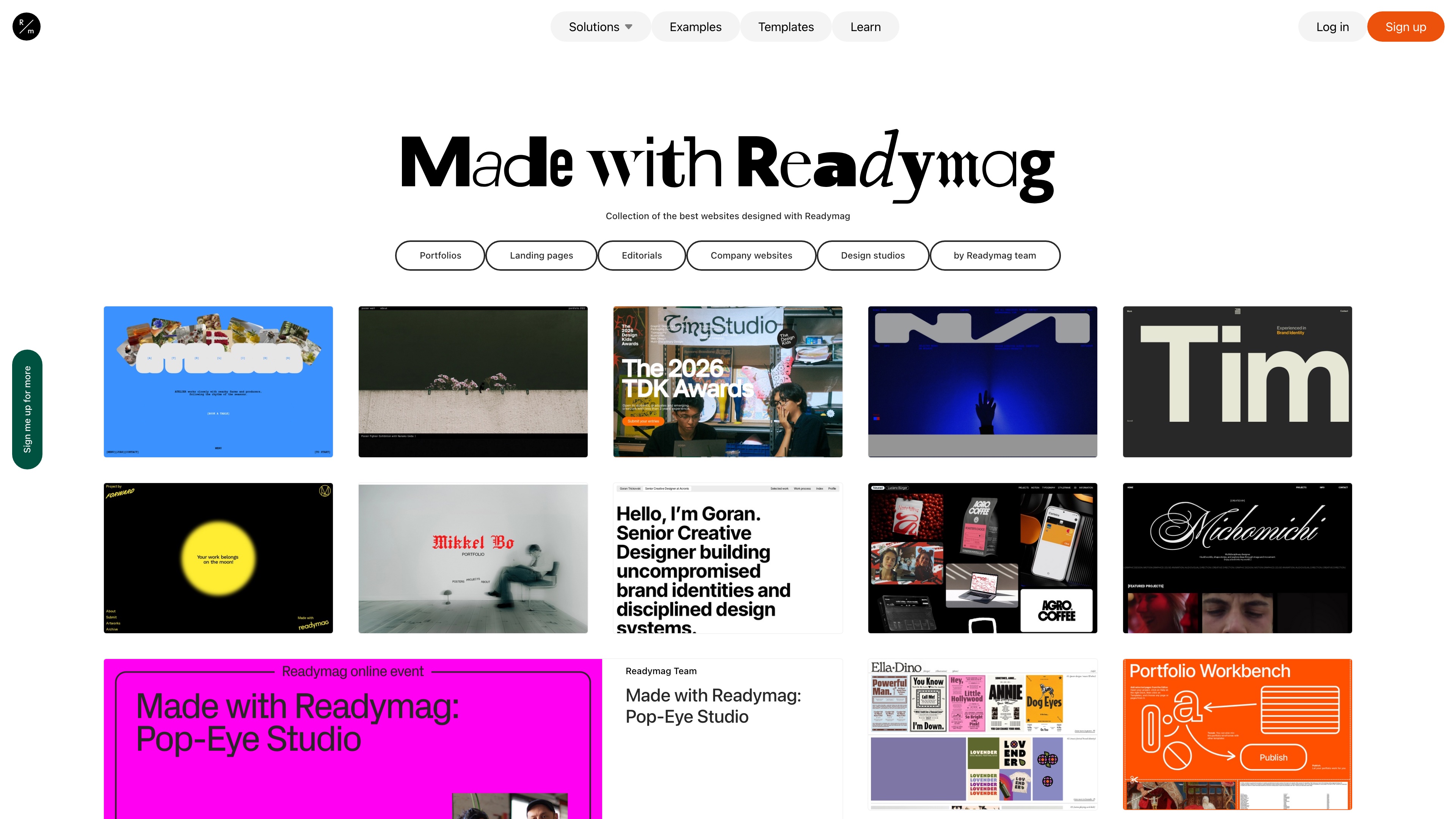 The "Made with Readymag" examples gallery and its category filters
