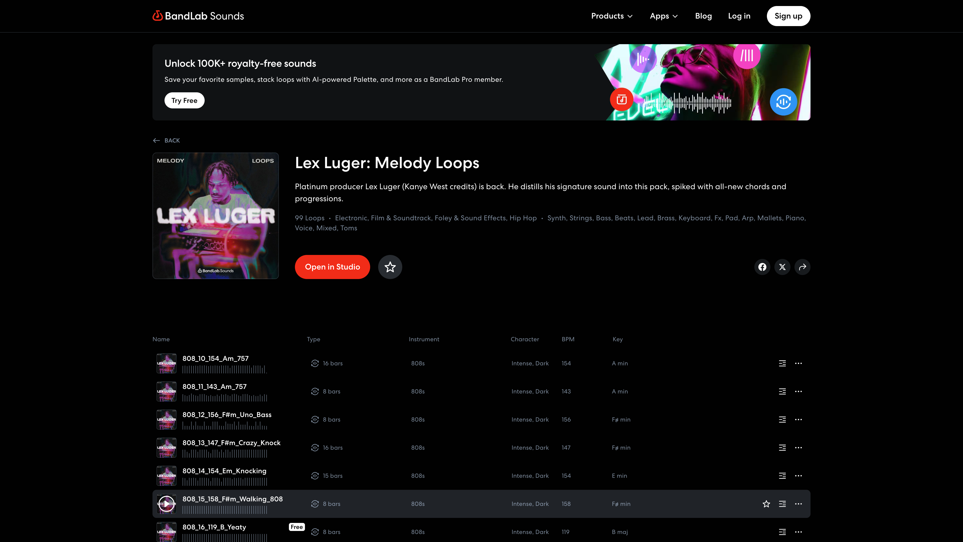 The Lex Luger: Melody Loops pack page: 99 loops listed with length, instrument, character, BPM, and key, playable in the browser or openable in the Studio