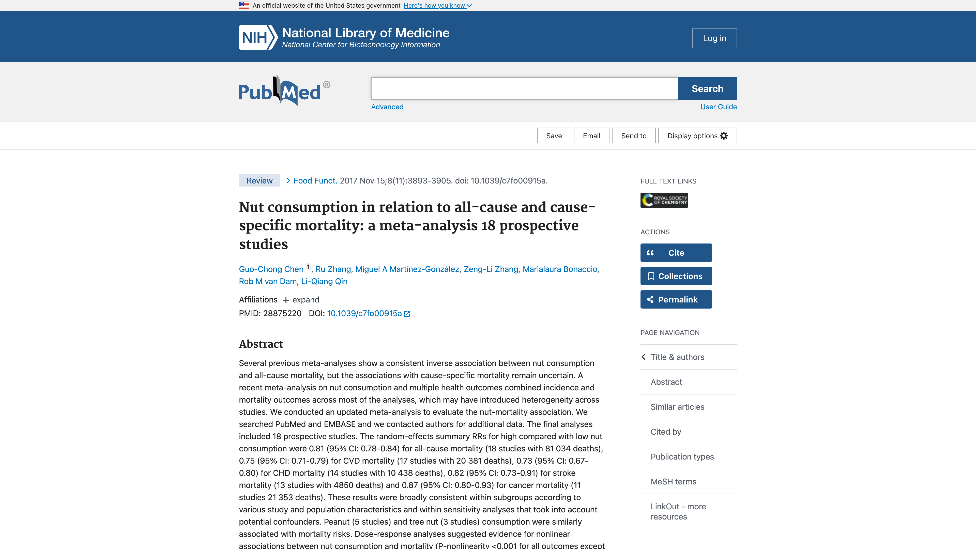 Abstract page: publisher full-text links on the right, along with Cite, Collections and Permalink actions