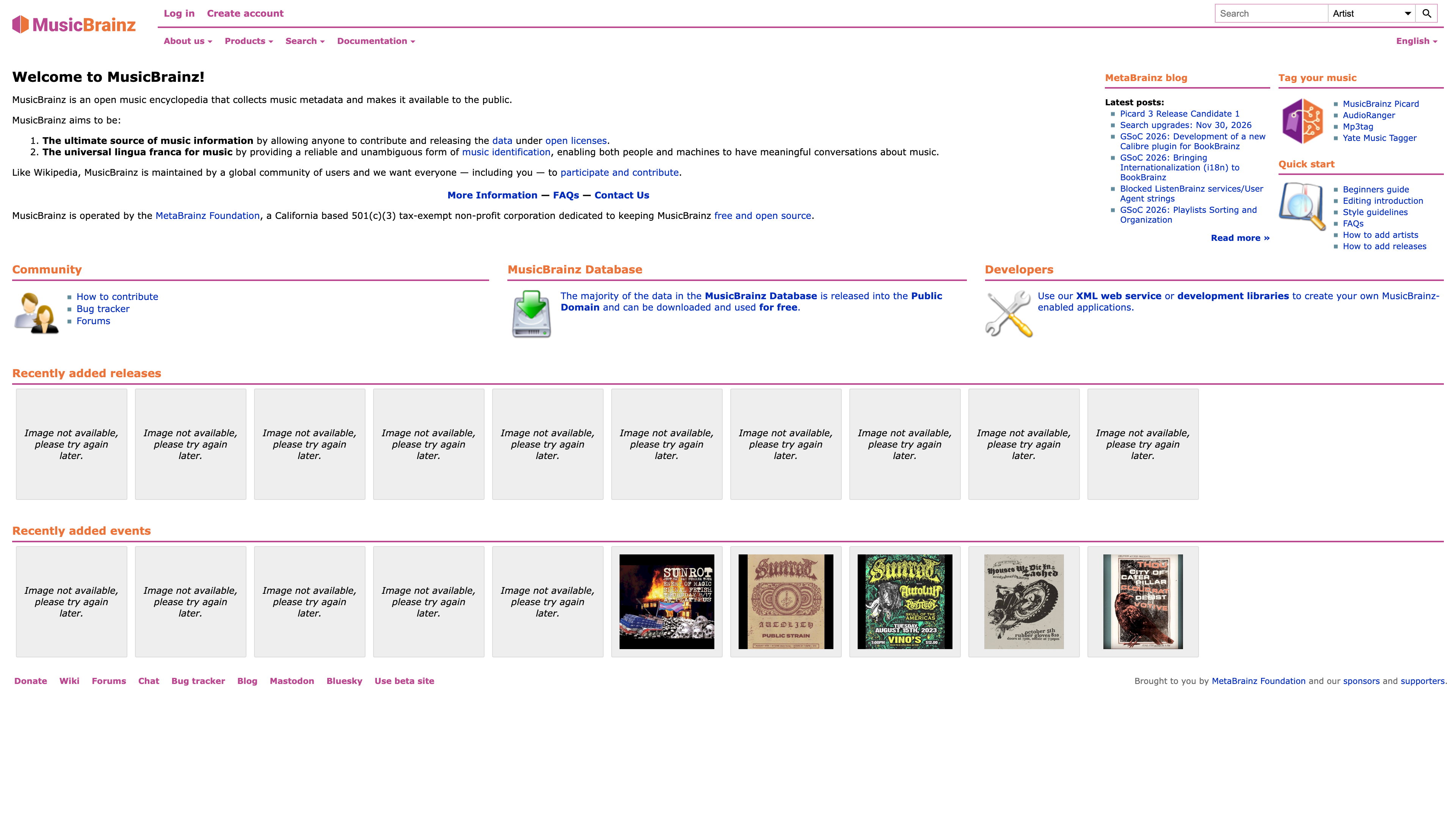 MusicBrainz homepage: project mission statement, community and developer entries, and recently added releases and events