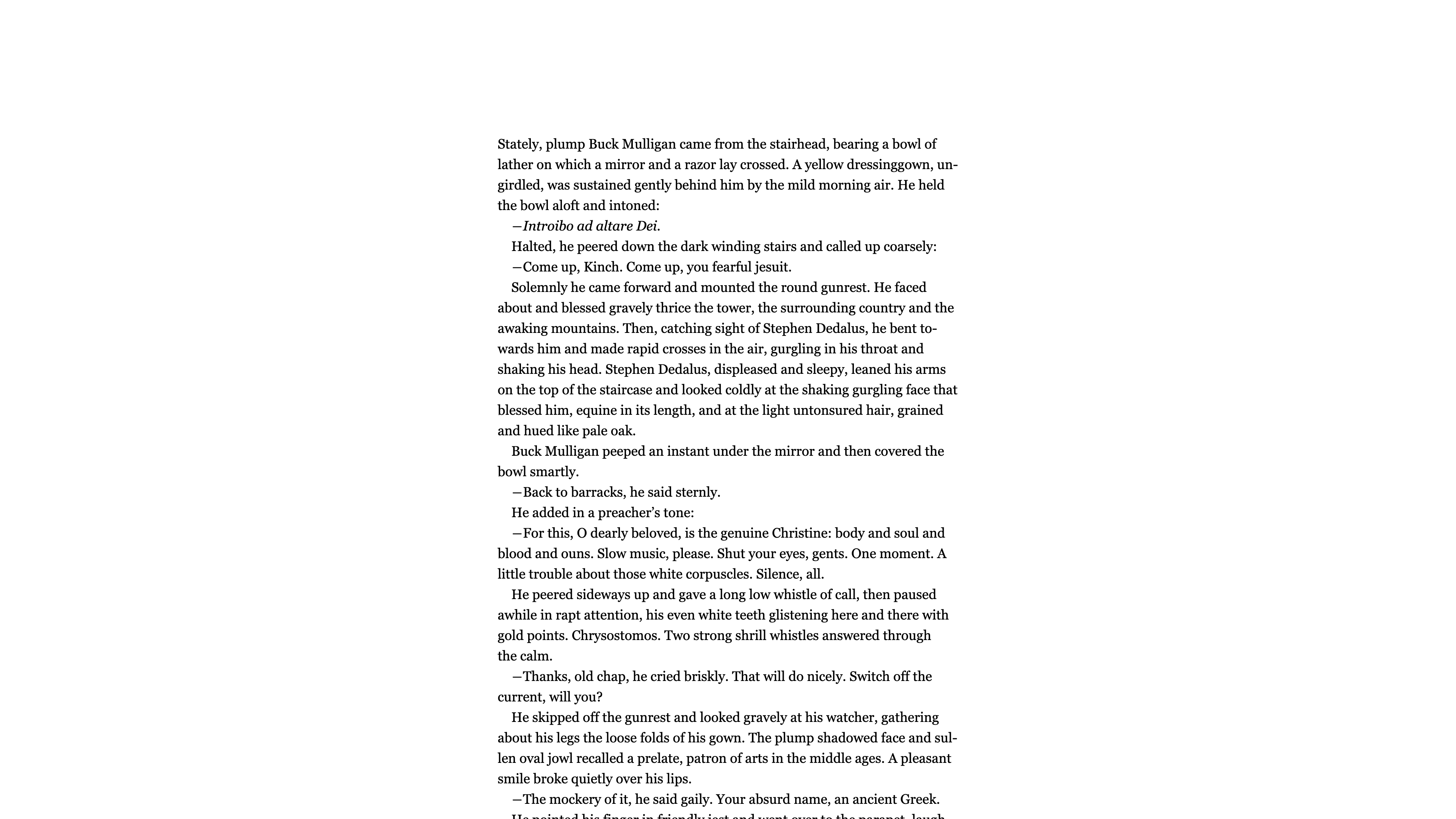 Reading chapter one of Ulysses online: centered column, serif type, and clean dialogue punctuation