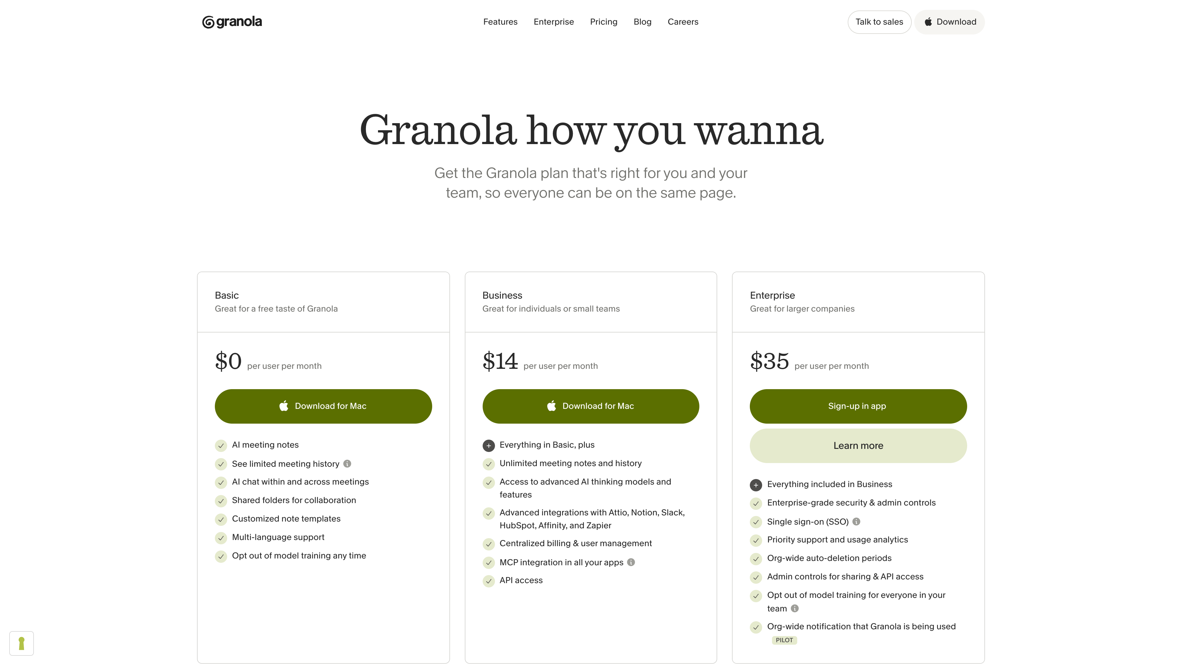 The Granola pricing page: Basic at $0, Business at $14/user/month, Enterprise at $35/user/month