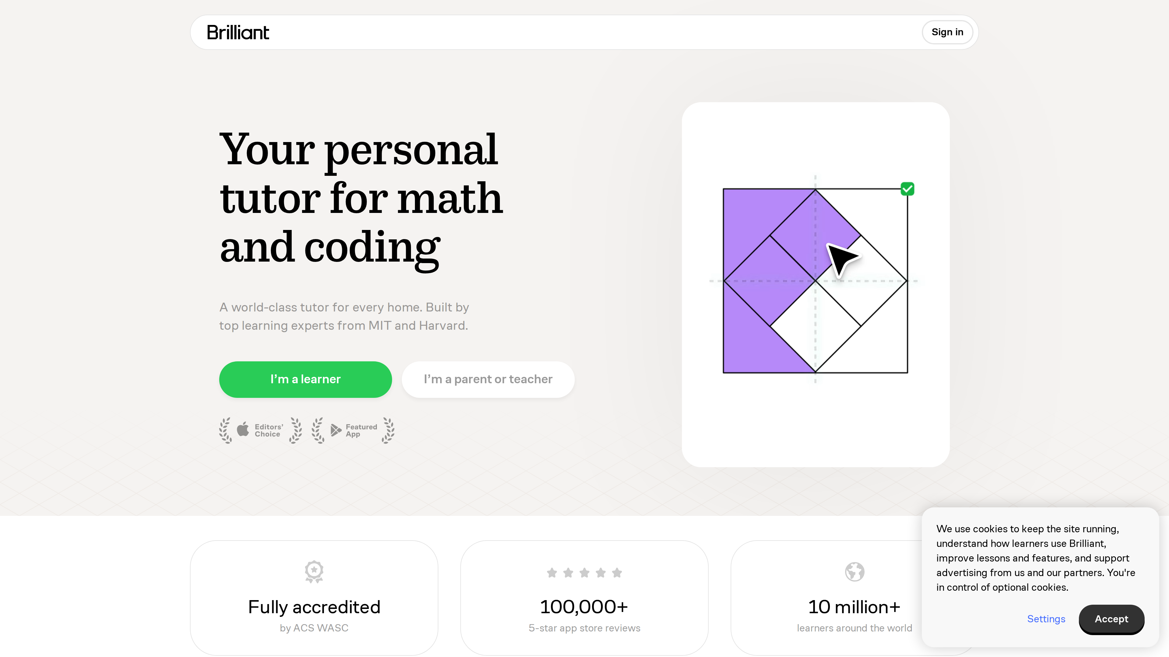 Brilliant 首页截图:主视觉标语为 Your personal tutor for math and coding,下方展示 ACS WASC 完全认证、10 万+ 五星应用评价与 1000 万+ 全球学习者数据
