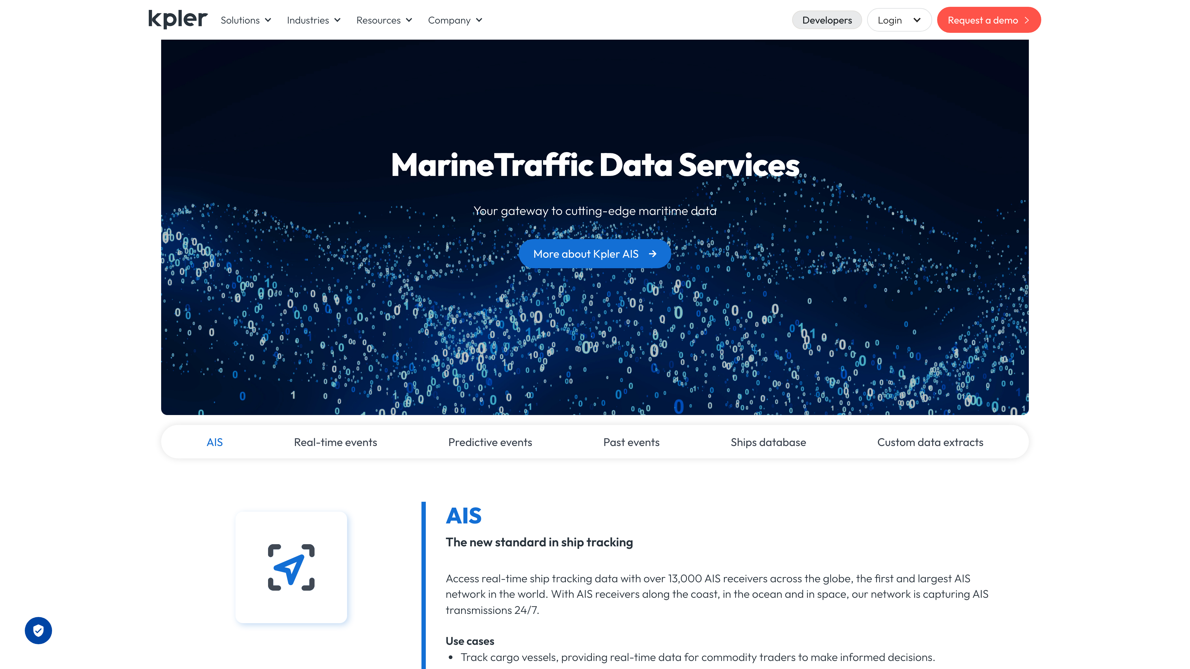 Kpler's MarineTraffic Data Services page: the scale of the AIS receiver network and its data products